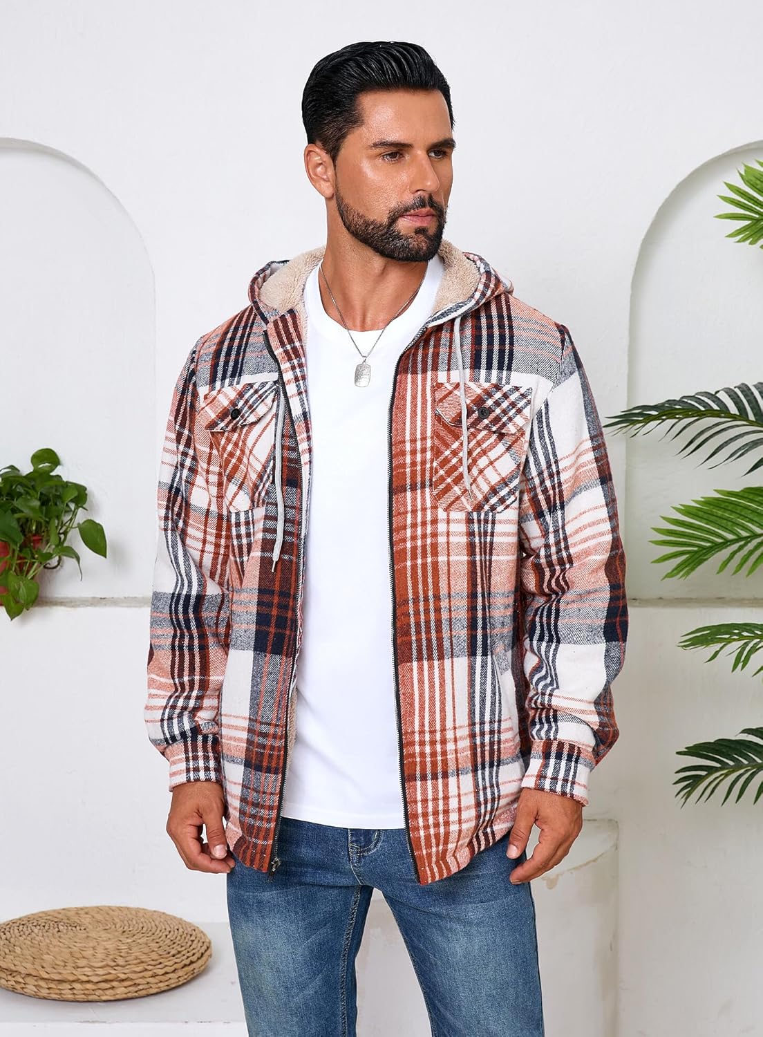 Men's Zip Up Flannel Shirt Jacket Fleece Lined Long Sleeve Plaid Coat Heavyweight Hoodie with Hood - Image 2