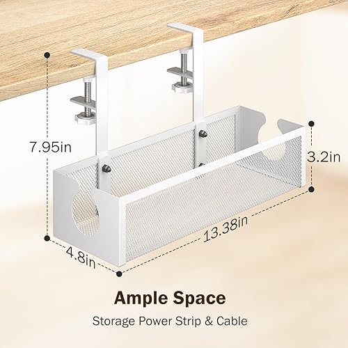 Miniatura 2 de DELAMU Bandeja de organización de cables para debajo del escritorio con 2 agujeros abiertos, organización de cables de malla metálica con abrazadera