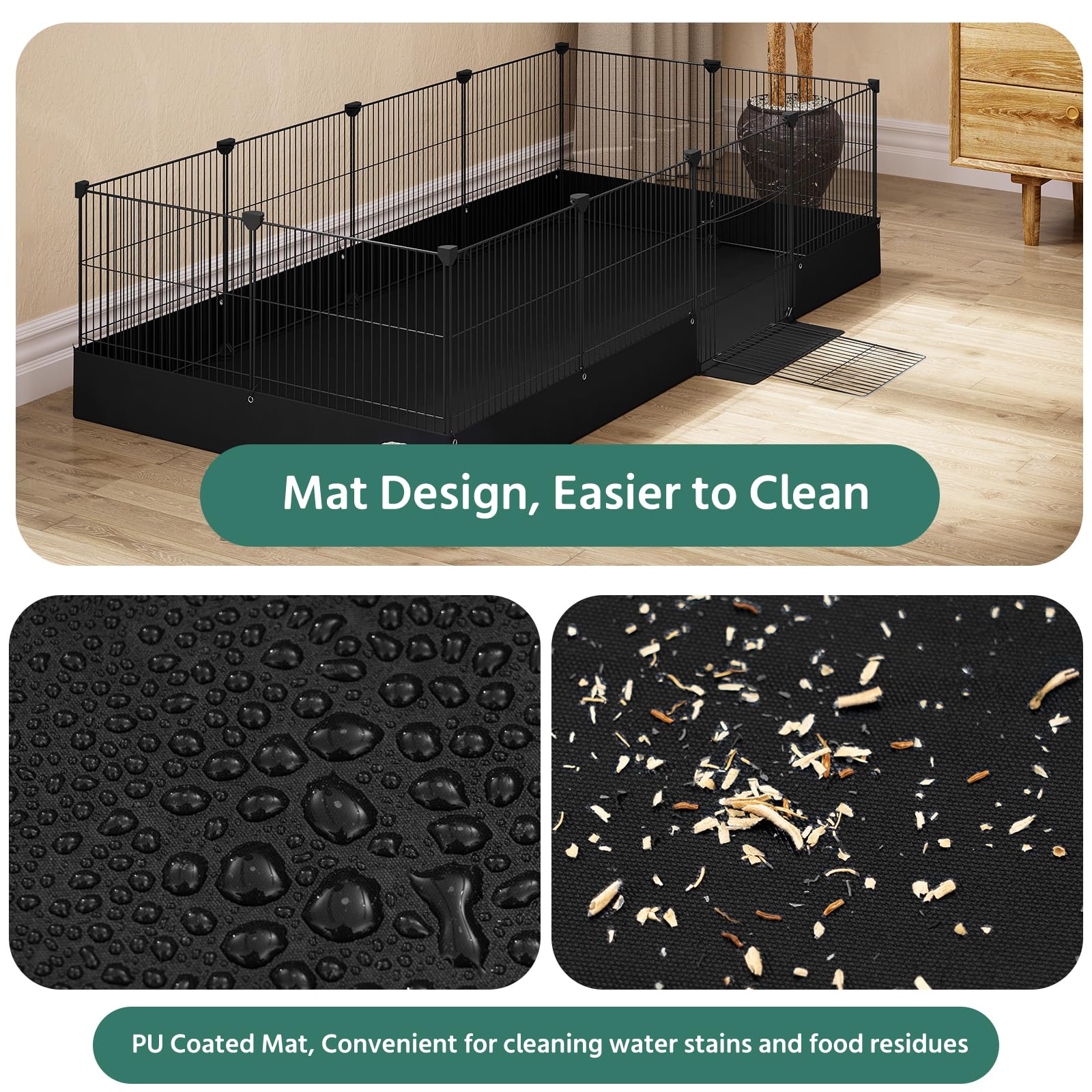 EUGAD Enclos pour Lapin Intérieur, Parc pour Petits Animaux avec Tapis de Fond et Porte, Modulable Enclos Lapin, Cage en Métal Grillagé pour Cochon d'Inde pour Cavia, Hamsters Noir 140x71x37cm