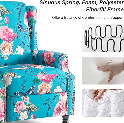 Miniatura 5 de Silla reclinable tapizada, sillón de ala floral con respaldo y reposapiés ajustables, cómoda silla decorativa para leer, sofá individual para