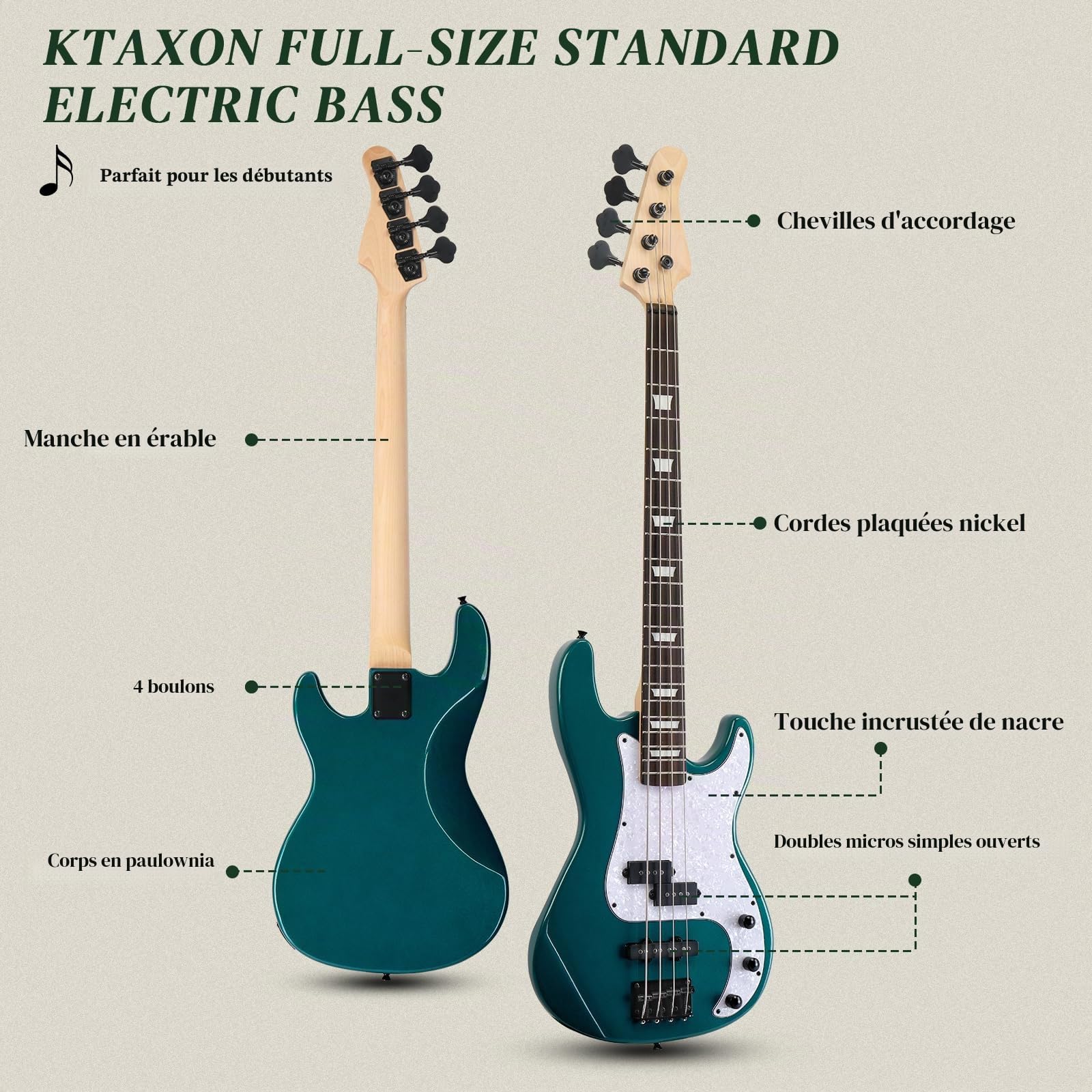 Ktaxon Guitare basse électrique à 4 cordes, style PB - Taille standard pour droitier - Kit débutant avec ampli 20W, housse de transport, sangle, câble de mise à niveau, capo pour jeunes et adultes
