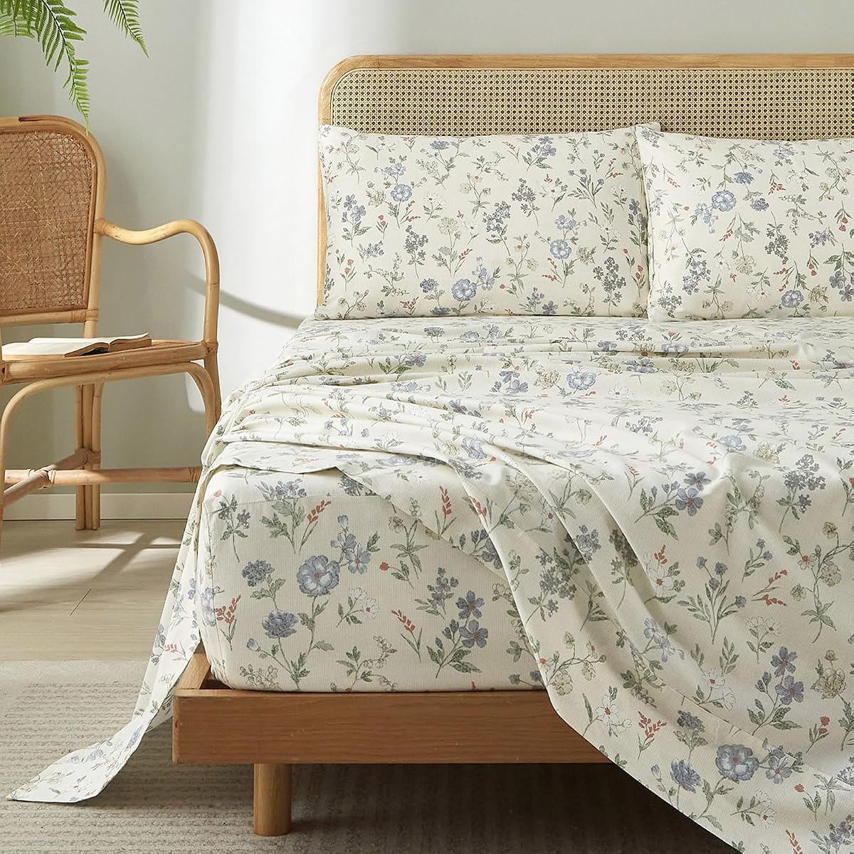 HighBuy California King 4 Piece Bed Sheet Set 100% Cotton,Farmhouse Luxury Blue Floral Sheets - Cooling Bed Sheet Set Easy Fit - Extra Soft Deep Pocket up to 16",Bed Sheets California King