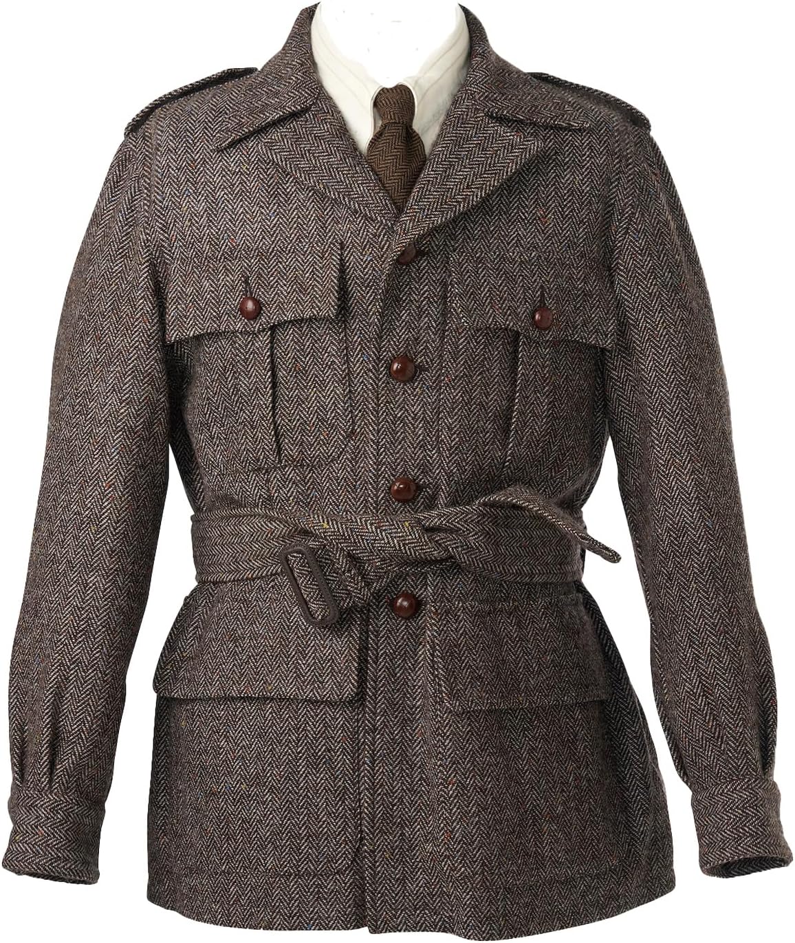Men's Herringbone Tweed Blazer Wool Blend Safari Jacket with Belt