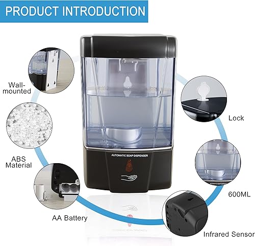 Miniatura 2 de Dispensador de jabón de pared comercial, paquete de 2 dispensadores automáticos negros para lavado de manos de 20 onzas, desinfectante líquido