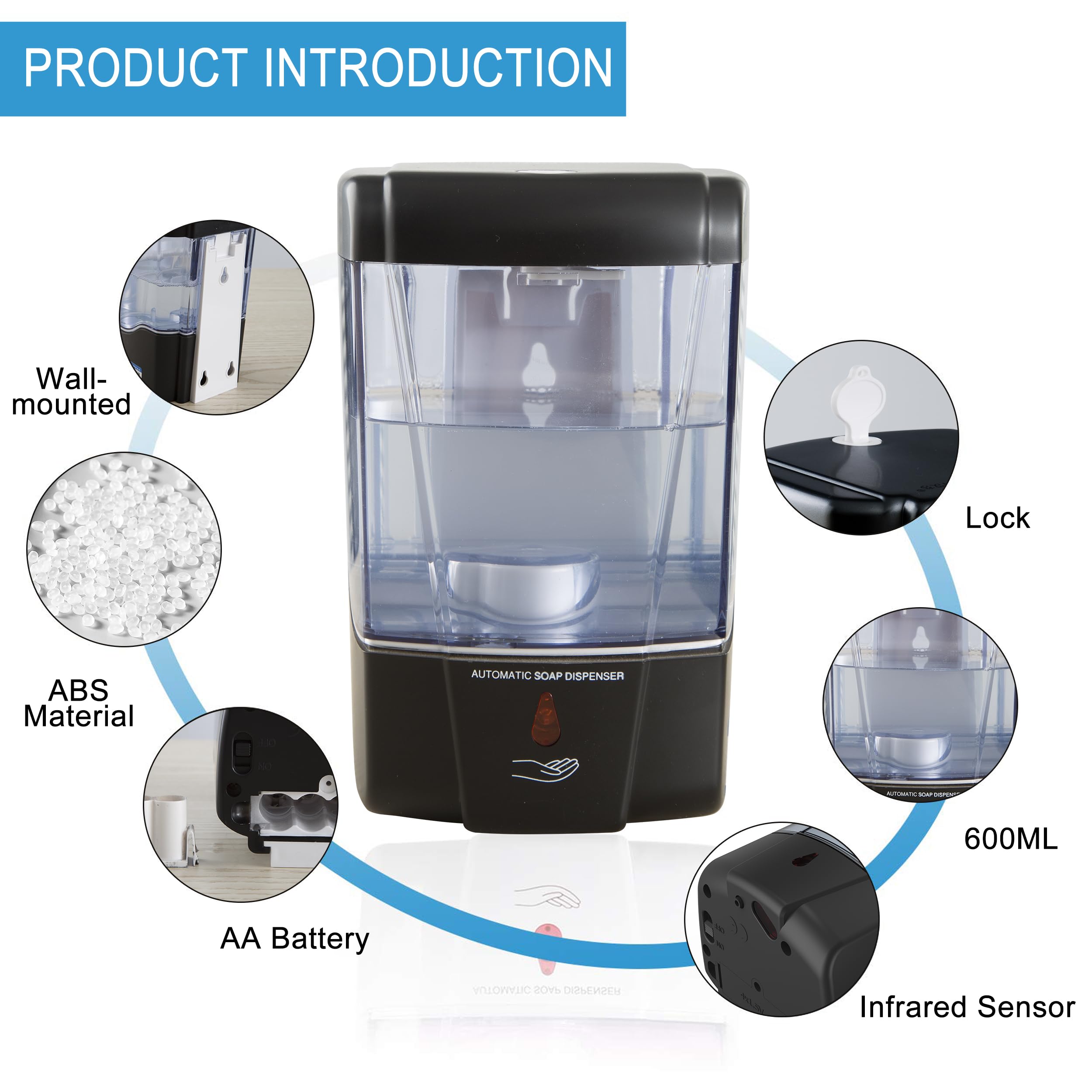 Dispenser automatico di sapone con sensore da parete, nero, a induzione, disinfettante per le mani, dispenser per bagno con gel o liquido, 590 ml