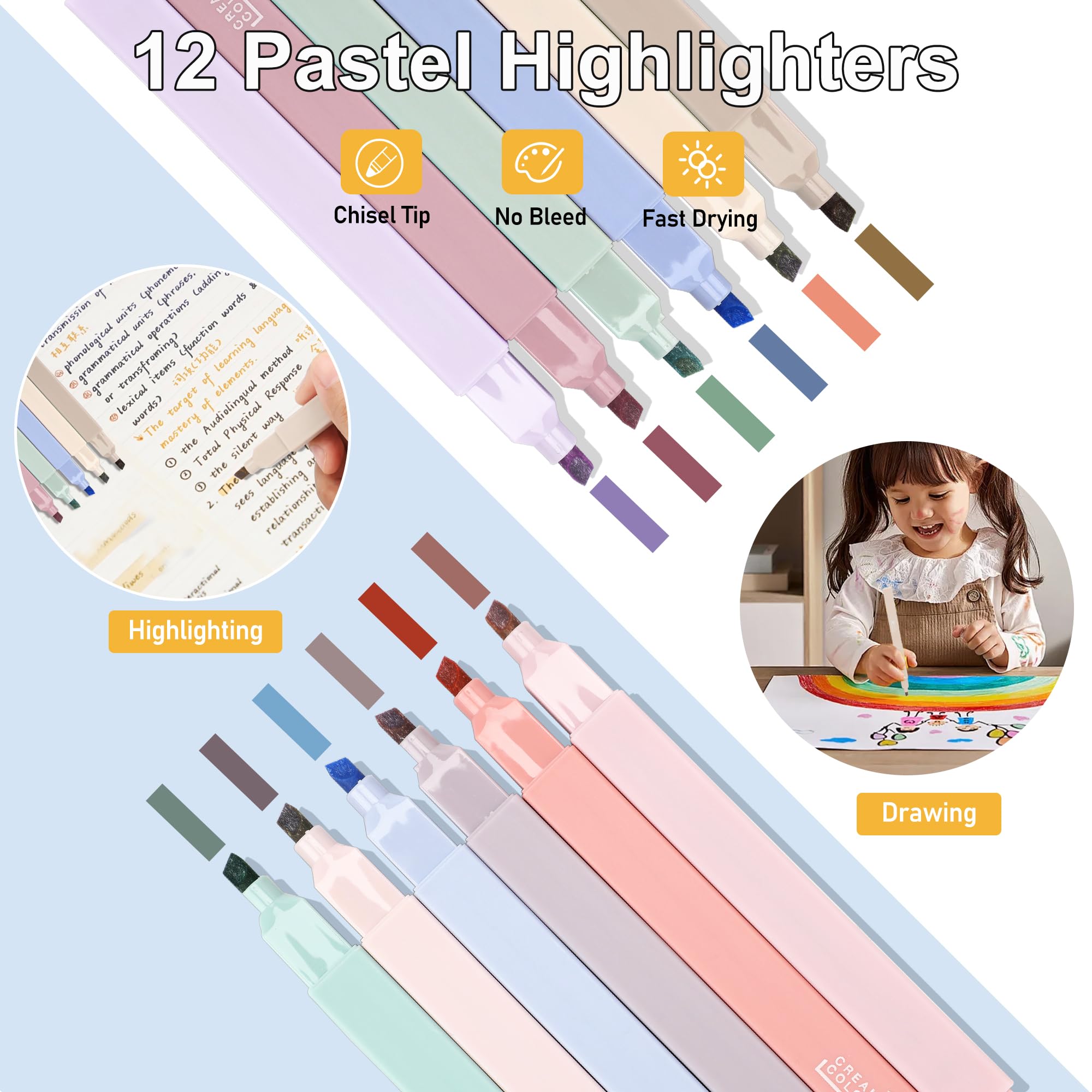 COZCLAM 32pcs Aesthetic Stationery Supplies with Blue Pen Case, 12 Pastel Highlighters, 6 Colour Pens, 5 Black Pens - Image 3