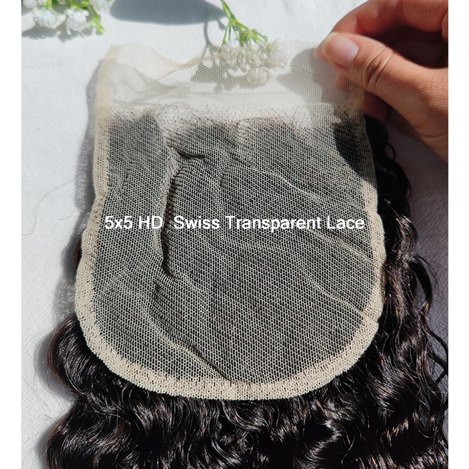 5x5 Burmese Curly Clousre Hd Transparent Lace Closure 150% Density Pre Plucked with Baby Hair Water Wave 12A Brazilian Raw Human Hair Extensions Nature Black 18Inch