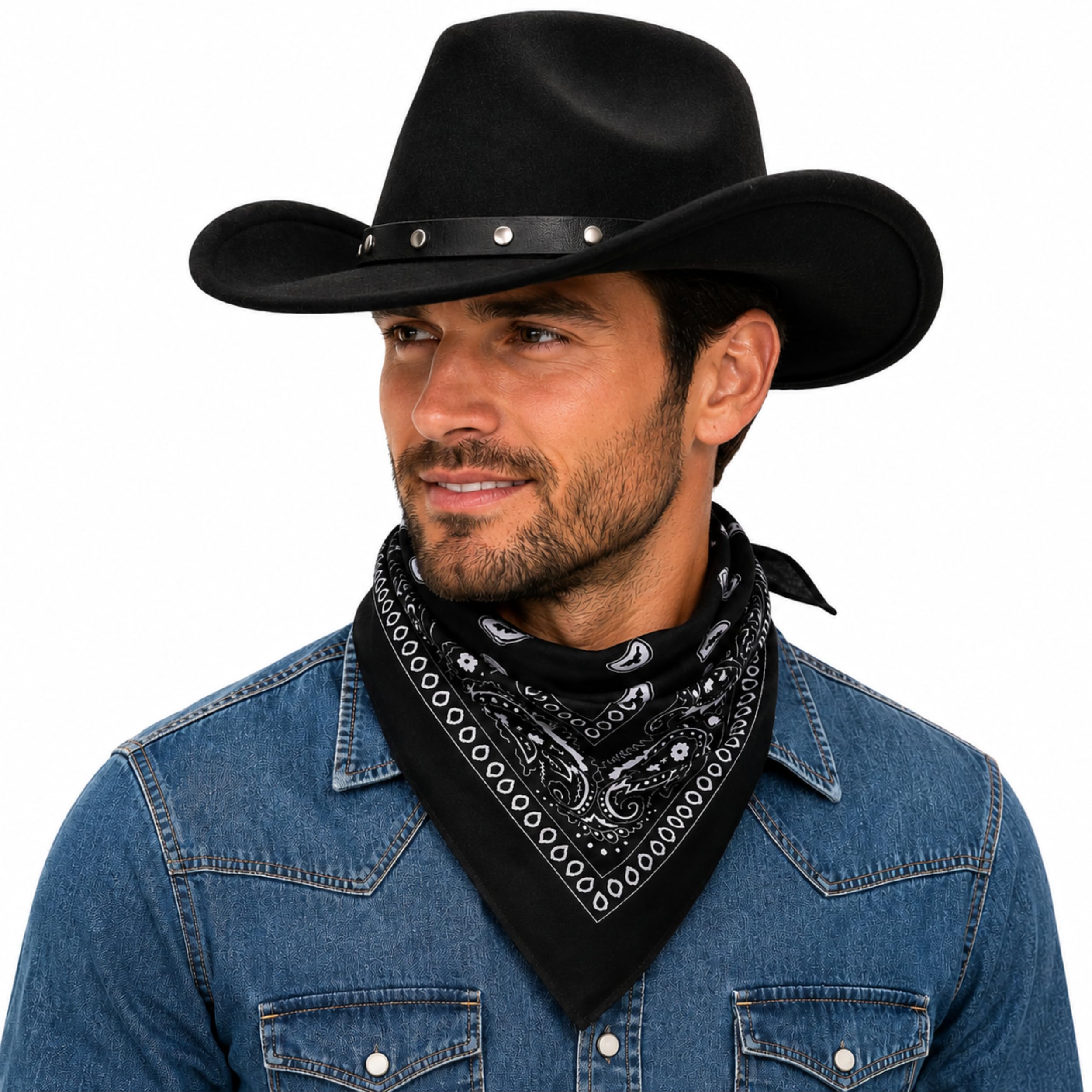 Western Cowboy Hat and Bandana Set - Adults Cowboy Hat with Bandana Neckerchief for Country and Western Fancy Dress - Adults Cow Boy Costume or Cowgirl Outfit Accessories (Black)