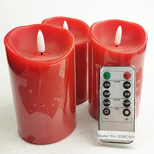 Miniatura 9 de HEIOKEY Juego de 3 velas rojas parpadeantes sin llama, velas que funcionan con pilas con control remoto de 10 teclas, vela eléctrica de pilar con