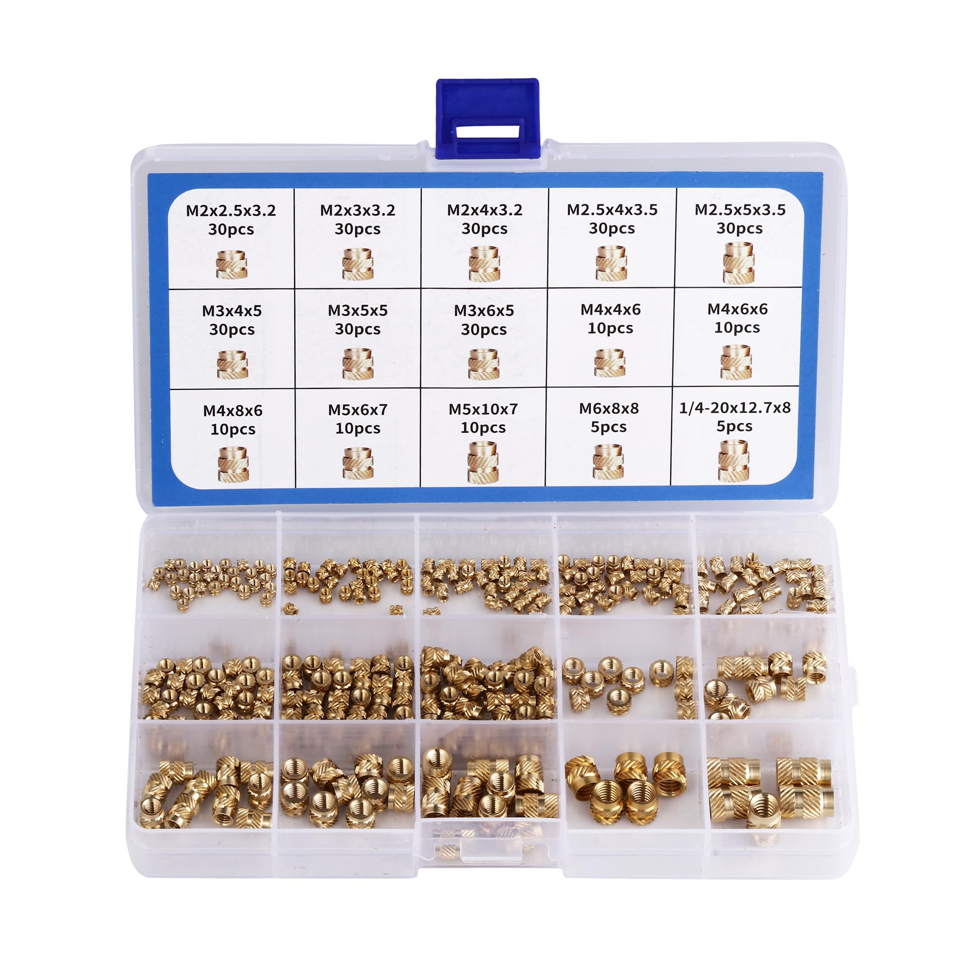 Gewindeeinsatz, Set mit 300 Einpressmuttern, PP Box, mit Etikett. M2 M2,5 M3 M4 M5 M6 Messing Gewindeeinsätze, gerändeltes Einschmelzgewinde, geeignet für Kunststoffteile im Gewindeeinsatz 3D Druck