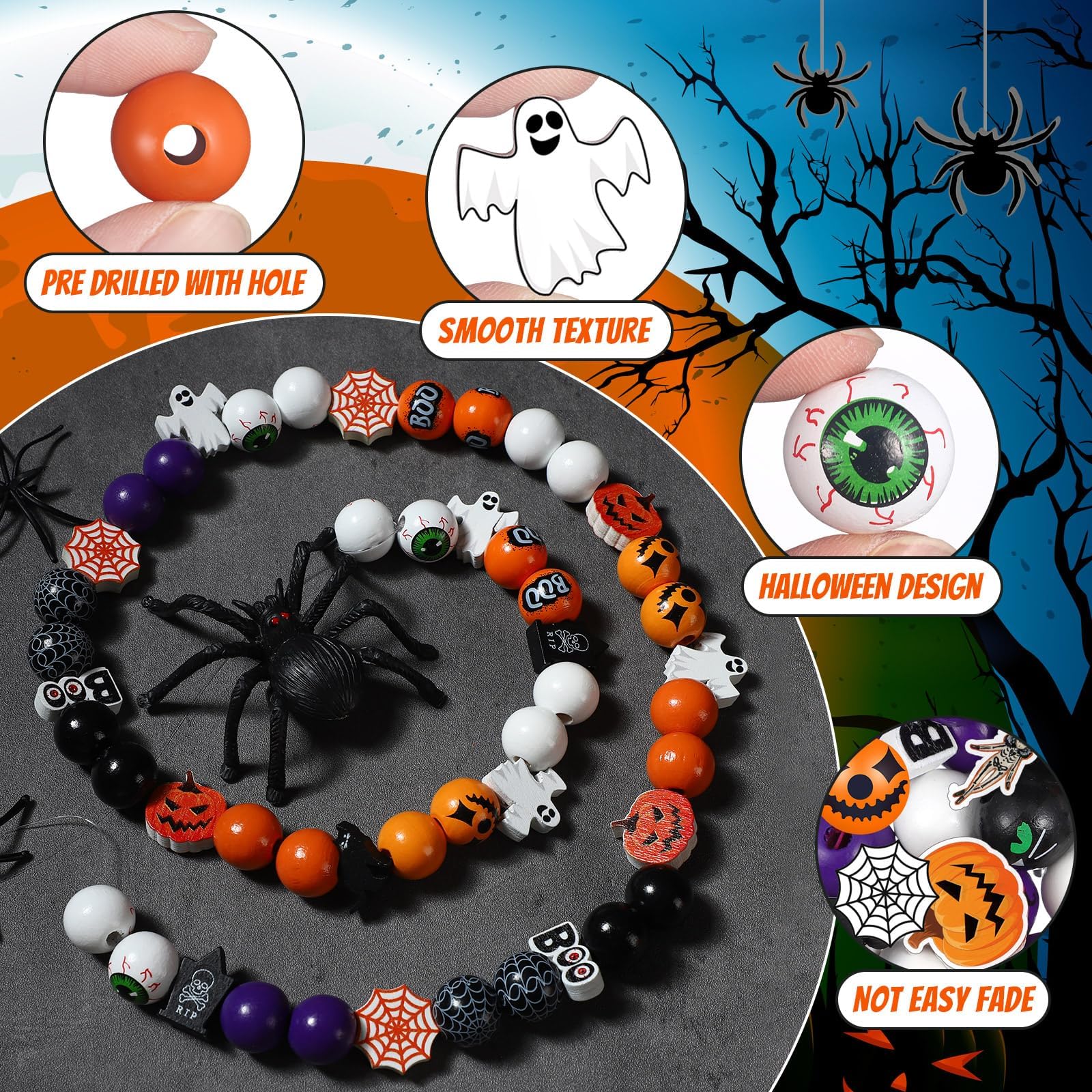 150 Stück Halloween Holzperlen Set – Rot, Schwarz, Weiß Mit Blutspritzern, 16 Mm, Für DIY Schmuck & Deko