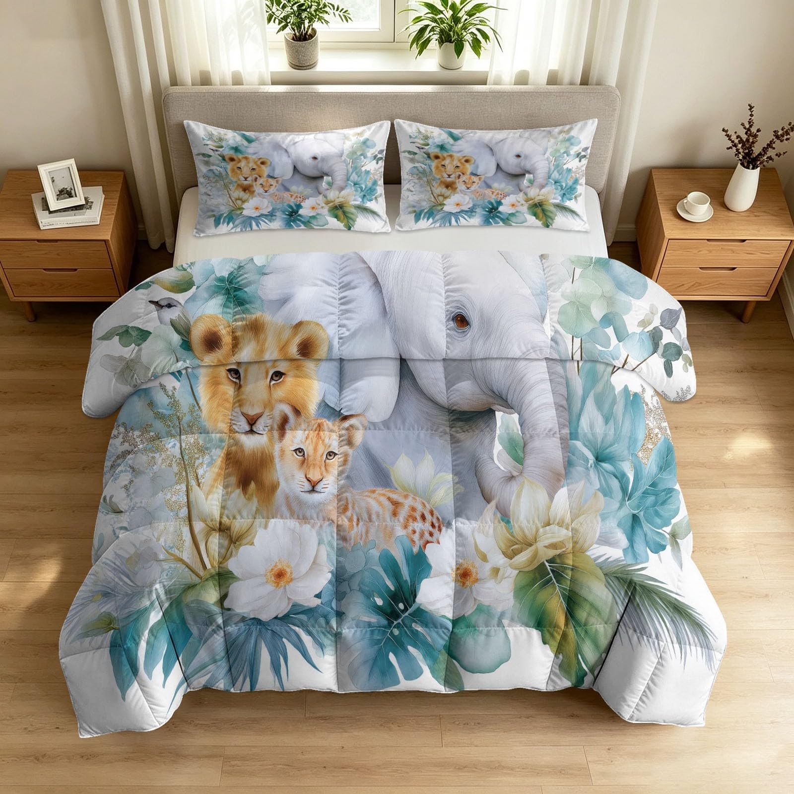 Générique Piumino senza federa per bambini adolescenti, stile natura acquerello, lavabile, 140 x 200 cm, motivo: animali selvatici, giungla e leggera biancheria da letto con 2 federe