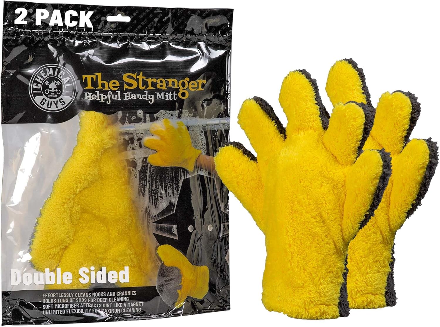 Chemical Guys The Stranger Double Sided Mitt Yellow/Black 2 Pack - Versatile Car Wash and Detailing Mitt with Scratch-Free Microfiber Cleaning (MIC51002)