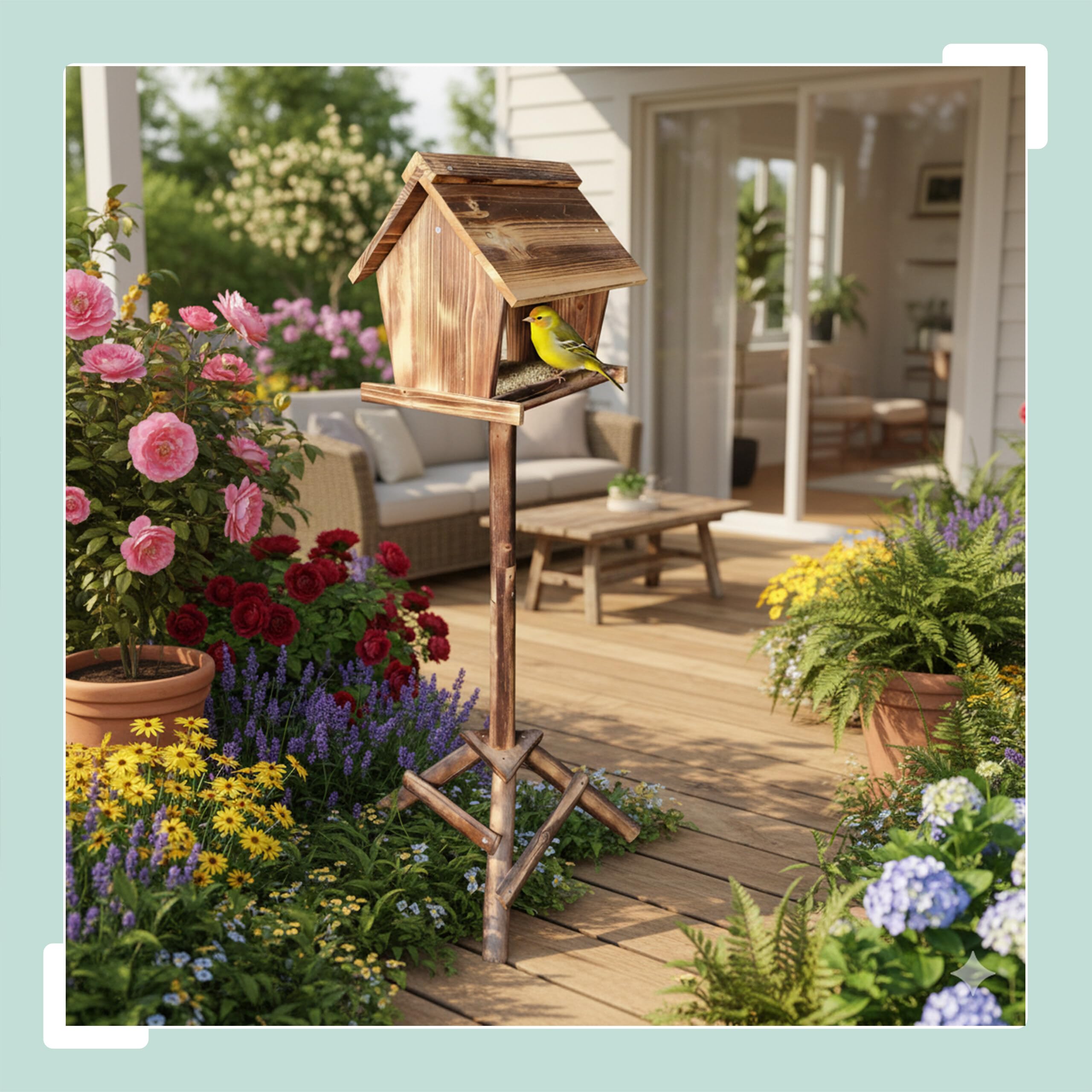 Relaxdays Mangeoire à Oiseaux sur Pied, en Bois de Sapin, Jardin, Balcon, Dimensions H x L x P : 107 x 32 x 27 cm, brûlé
