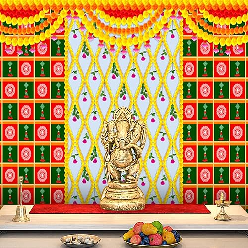 Miniatura 2 de SATVIK - Telón de fondo de tela para Pooja Pujan, decoración de guirnalda de caléndula para fotos, telón de fondo tradicional de tela Puja Mehndi