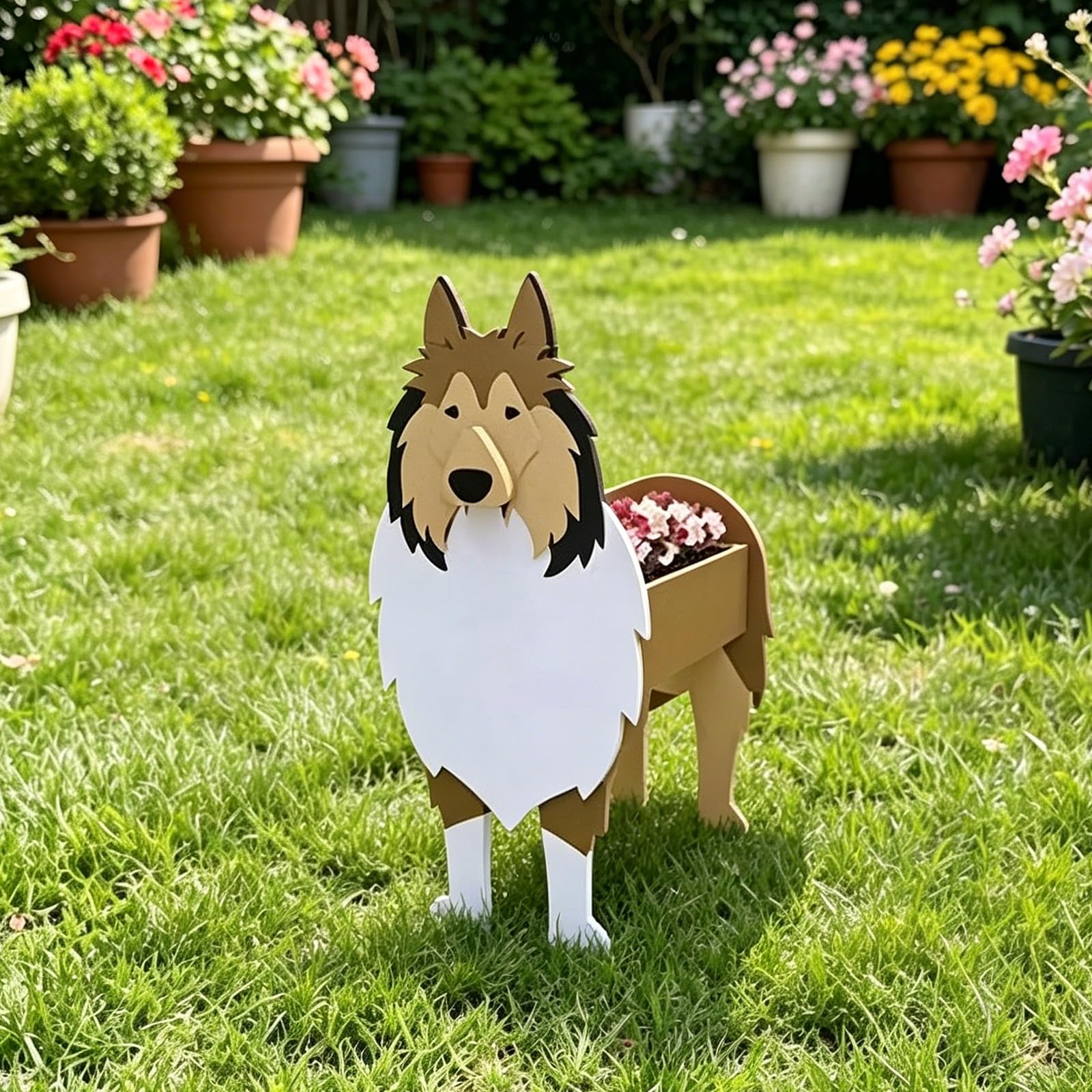 Hiiaodecor Shetland Sheepdog Pet Dog Animal Bonsai Holder Cute Shape Art Plant Storage Pot Villa Garden Indoor Outdoor Office Decor Ornaments 43 * 25cm/16.93 * 9.84in