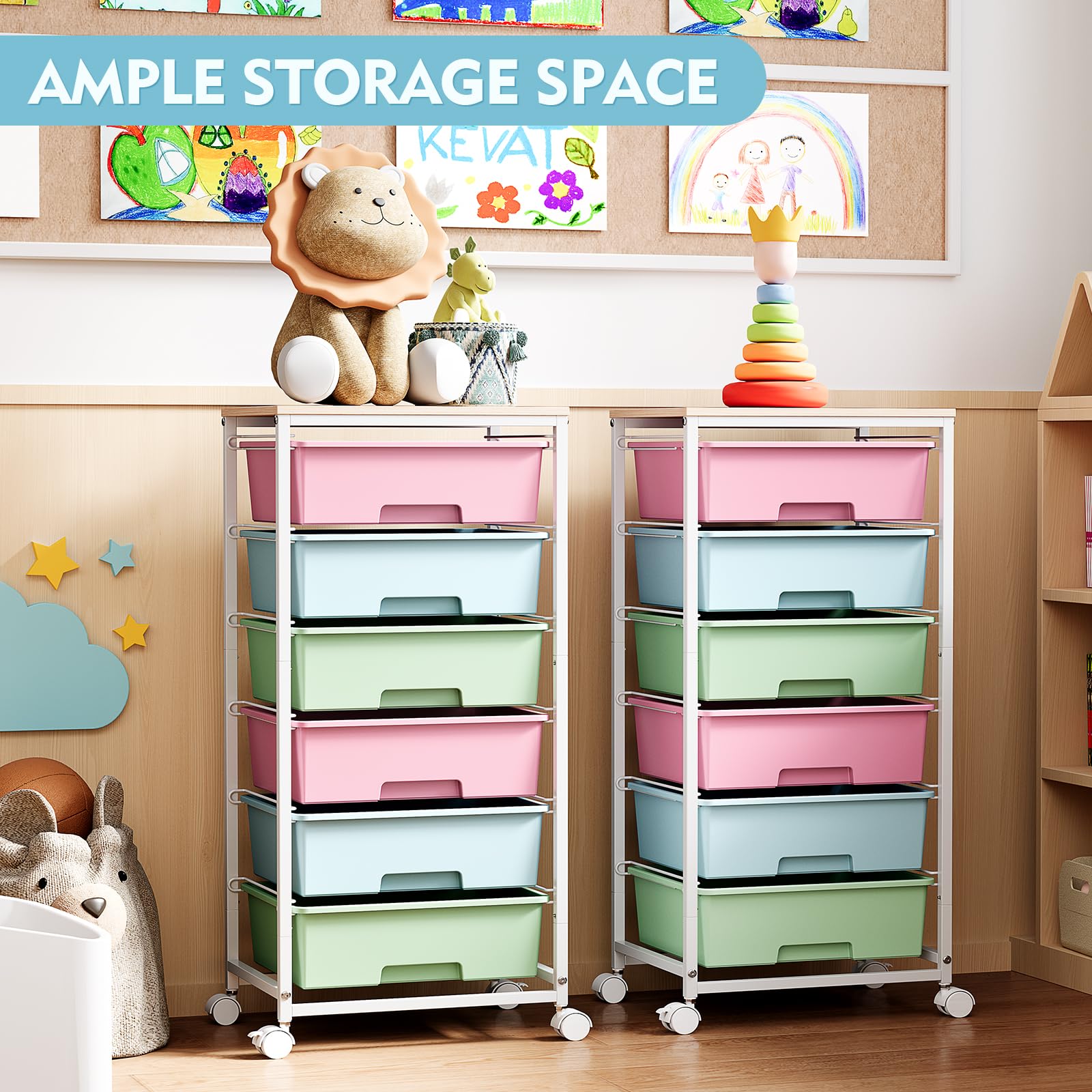 Cajonera con Ruedas KINGRACK con 6 Cajones Grandes y Estantes - Carrito Organizador para Oficinas, Habitaciones Infantiles y Salas de Manualidades (Colorido)