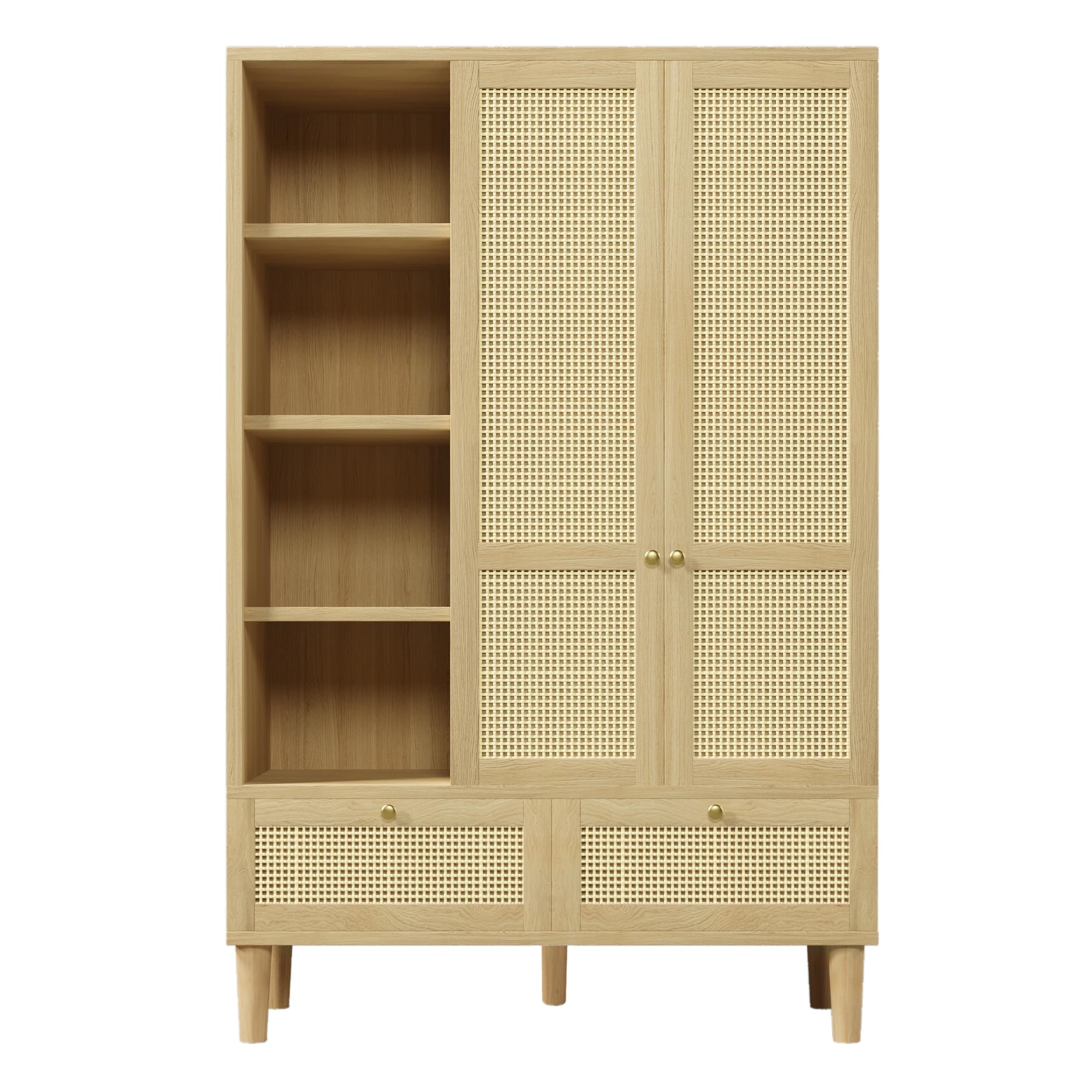 Moimhear Armario de 120 x 50 x 180 cm, con 2 puertas y mimbre trenzado, estante abierto, barra para colgar ropa, 2 cajones, protección antivuelco