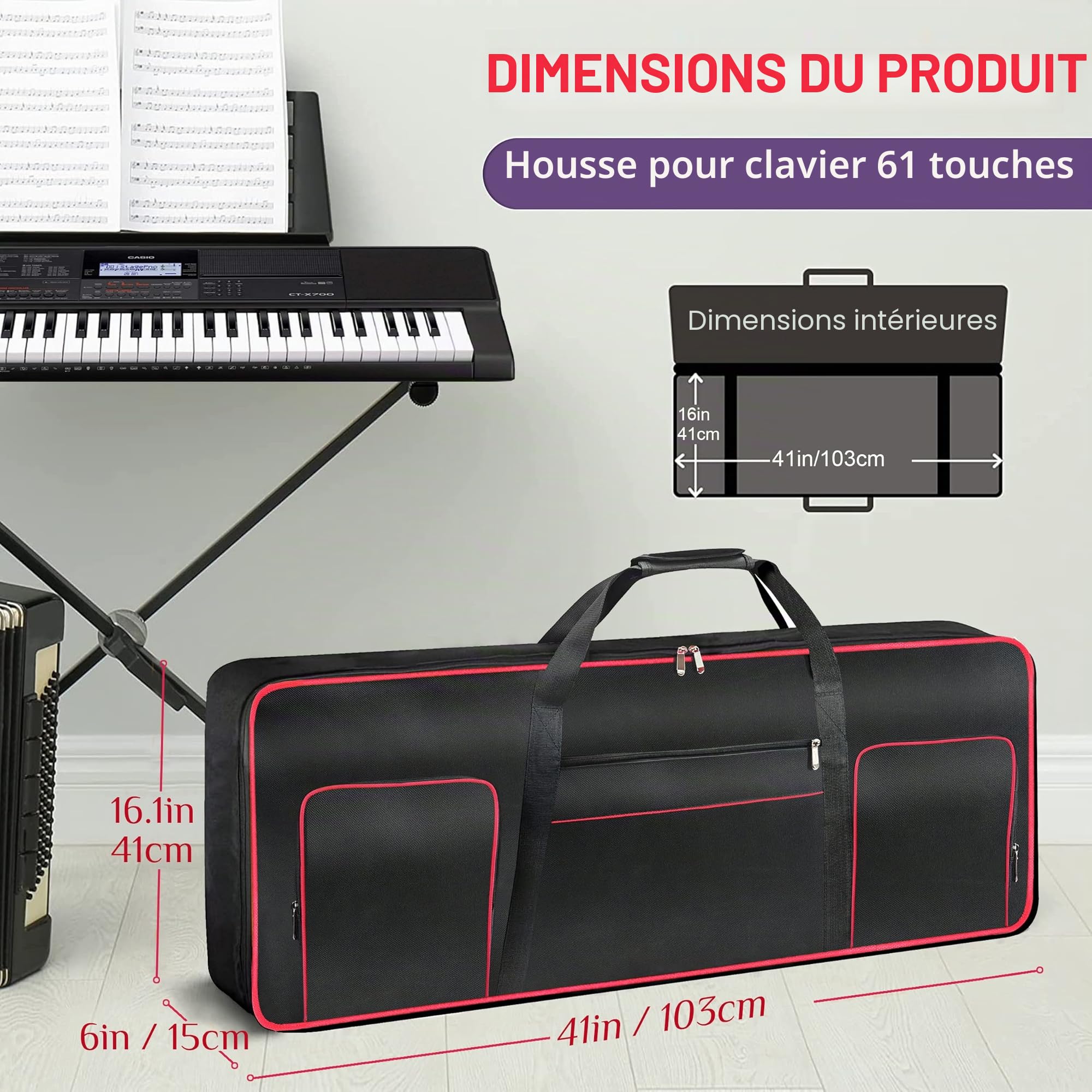 Ruibo Housse de Transport pour Clavier 61 Touches - Portable et Durable - Tissu Oxford 600D imperméable - avec Housse rembourrée en Coton de 10 mm - 101,6 x 40,6 x 15,2 cm - Noir + Rouge