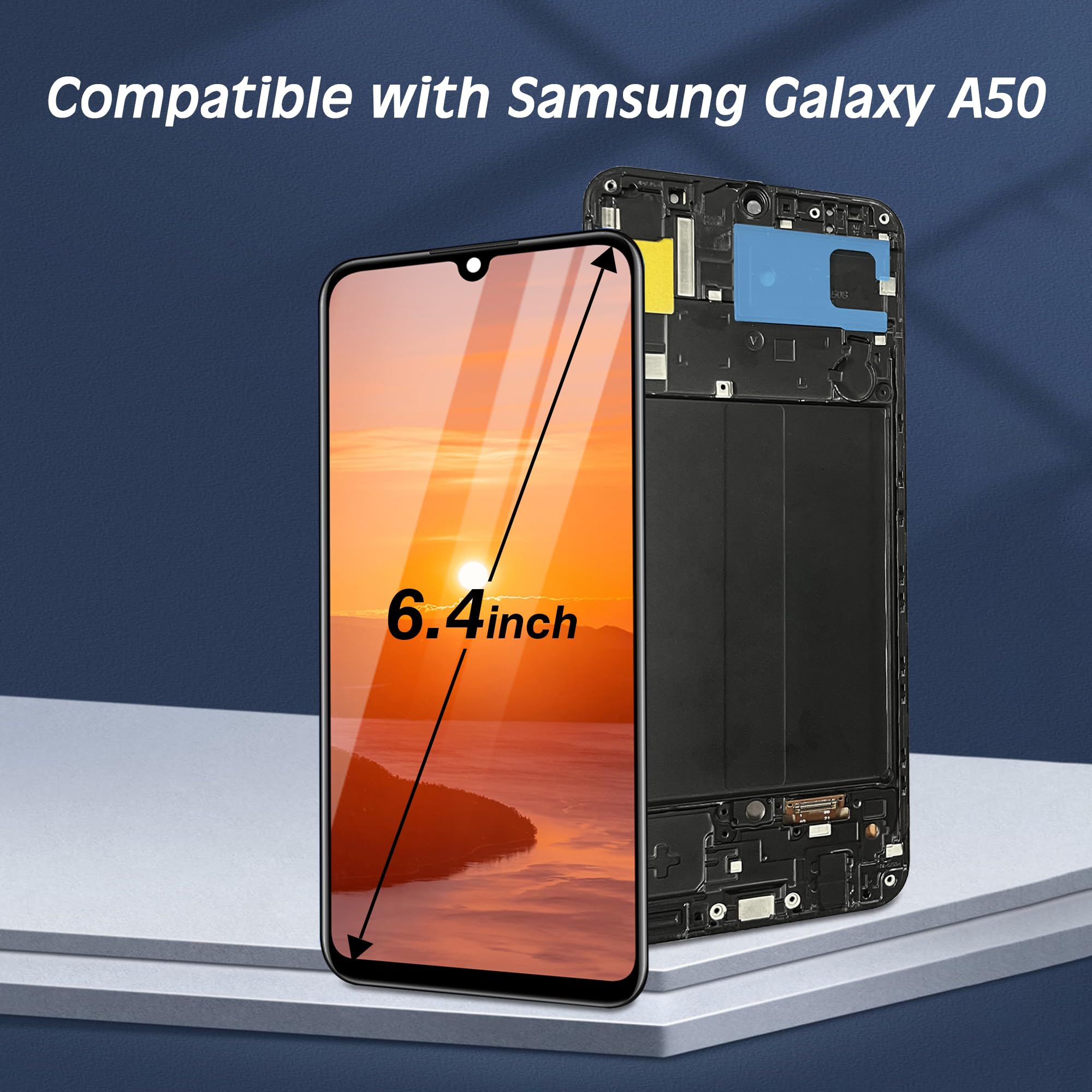 Bildschirmersatz für Samsung Galaxy A50, mit Rahmen A505F A505FN A505W A505U A505U1, LCD-Display-Digitalisierer-Baugruppe mit Reparaturwerkzeugen