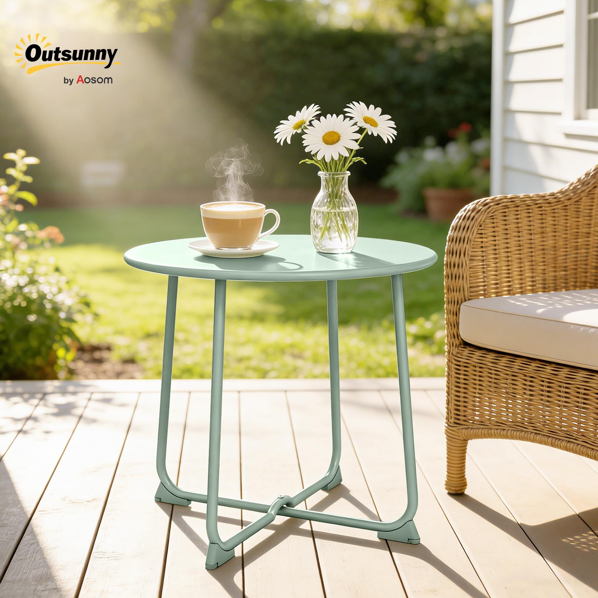 Outsunny Table Basse extérieure pour 2 Personnes, Table de Jardin Ronde Base en X, Structure en métal, pour Balcon, Patio, terrasse, Ø 50 x 45,5 cm, Vert foncé