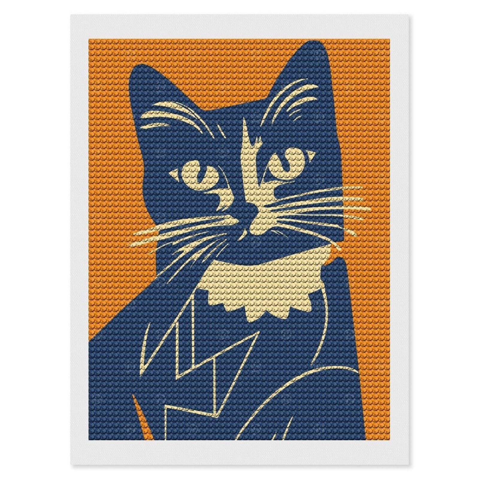 Junmoney Retro Cat Illustration Diamond Painting Canvas Set 12"x16", for Beginners, Complete Accessories, Christmas Gift, Modern Decor