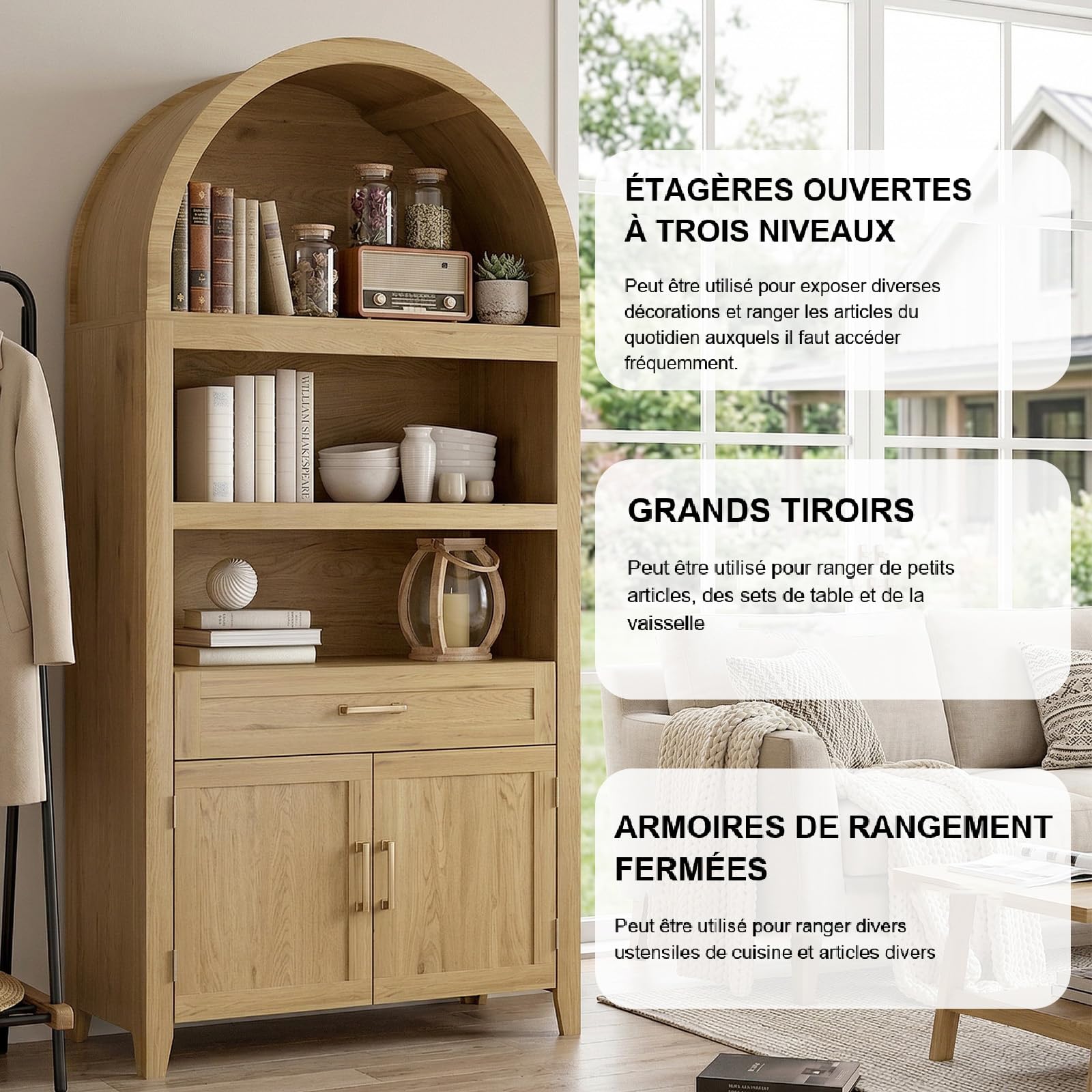 Bibliothèque 166cm Arche, Étagères Ouvertes, Tiroir et Placard, Chêne