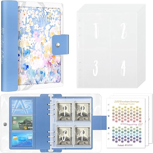 100 Envelopes Money Saving Challenge Binder, A5 Money Saving Budget Binder with Cash Envelopes and Pockets - Savings Challenges Book to Save $5,050, Watercolour Blossoms