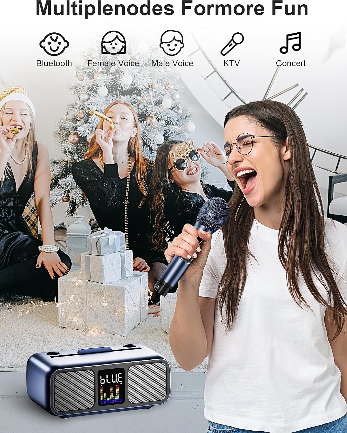 Multiple modes for more fun, including Bluetooth, Female Voice, Male Voice, KTV, and Concert