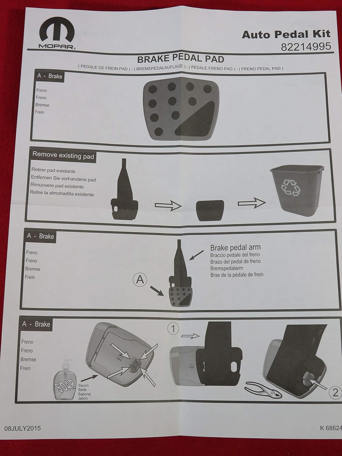 Mopar 82214995 Pedal Kit Bright Stainless Steel cover with Black Rubber pads for Automatic Transmission (Gas and Brake). The pedal covers can be installed on vehicles built after March 1, 2015