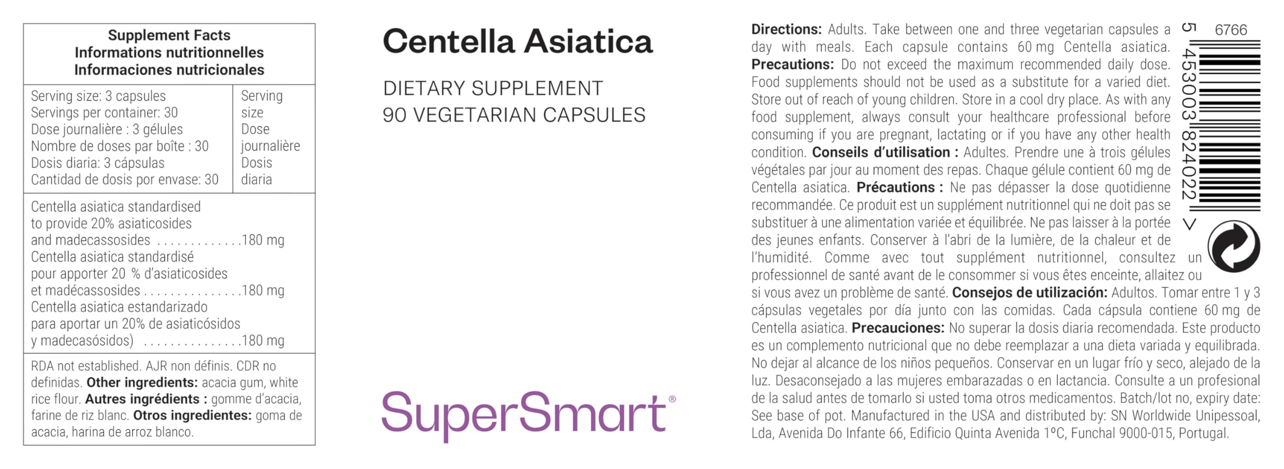 Centella Asiatica - Erba della tigre - Supporta il benessere mentale e riduce lo stress - Contribuisce al corretto funzionamento del sistema immunitario - Vegano - Senza glutine - Supersmart