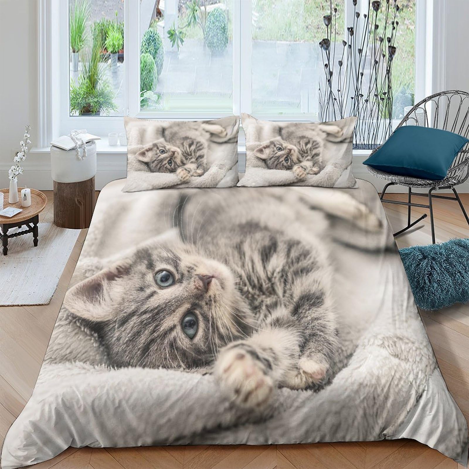 Ctjqhvkz Style-9 3D Printed Grey Tabby Cat Fitted Sheet Microfiber Soft Anti-Slip Animal Kitten Mattress Cover For Bedroom Guest Room Decor Single（135X200cm）