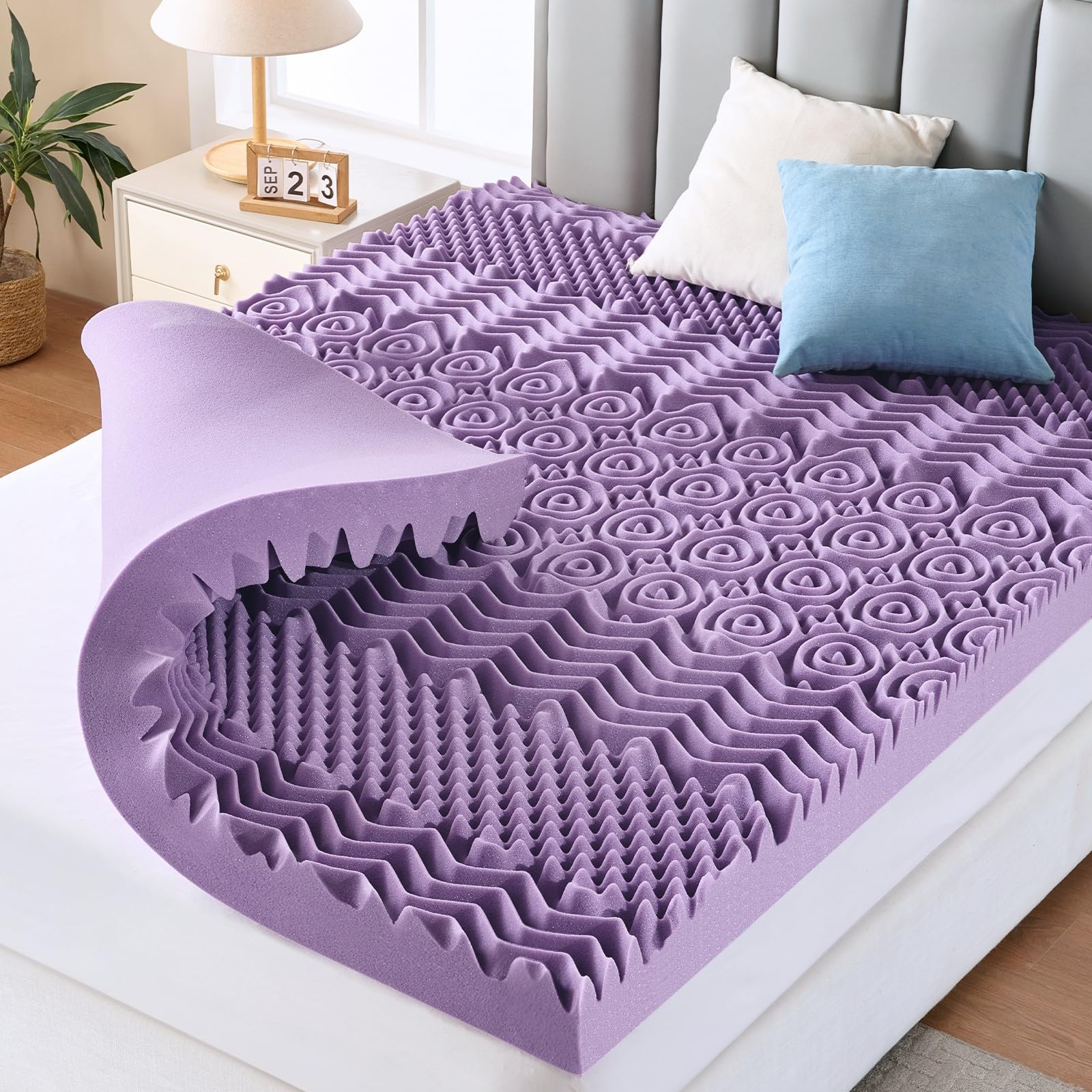 3 Inch Full Size Mattress Topper, 7-Zone Cooling Gel Infused Mattress Topper, Egg Crate Memory Foam Bed Pad, CertiPUR-US and Oeko-TEX Certification (54"×75", Lavender)