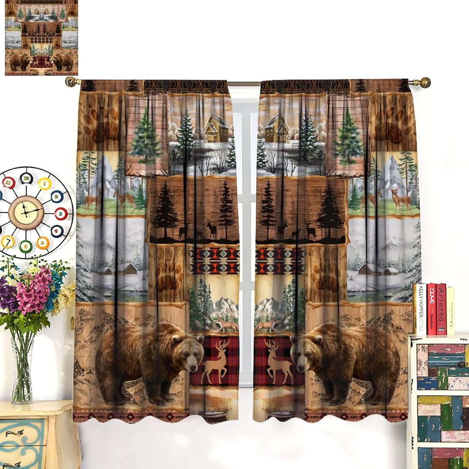 Vintage Rustic Bear Deer Blackout Curtains for Bedroom,Old Country Hunting Lodge Forest Elk Brown Bear Pine Tree Checker Valley Bear Paw Prints Window Drapes Print for Farmhouse Living Room 42x63in