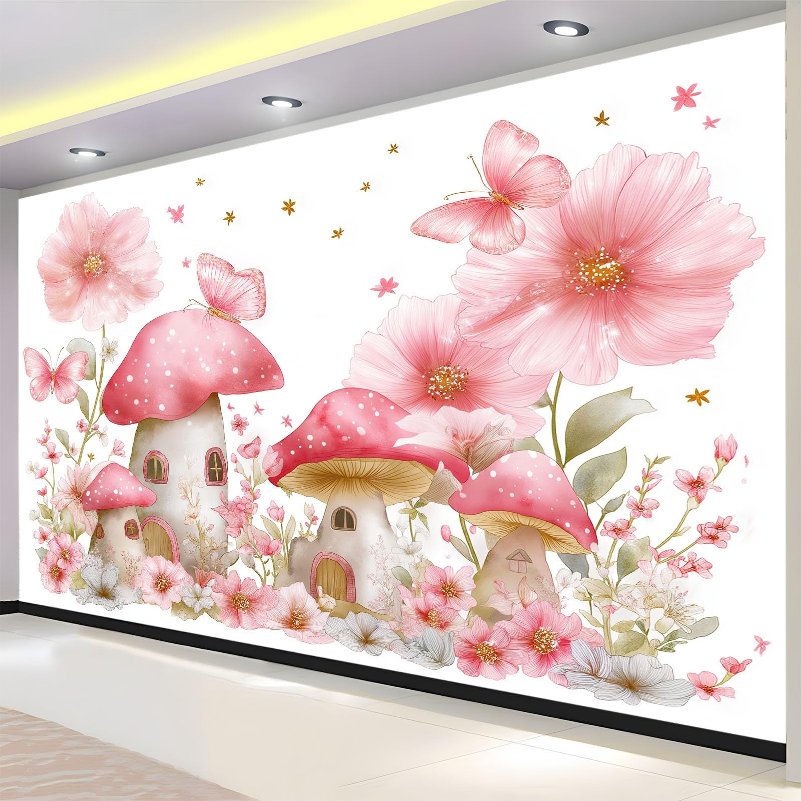 Tapeta dziecięca Kreskówka Kwiaty Mural Motyl Grzyb Domek 250 x 175 cm Włóknina Fototapety Dla Chłopca Dziewczyny-Nowoczesna Różowa Dekoracja Ścienna Do Salonu Sypialni