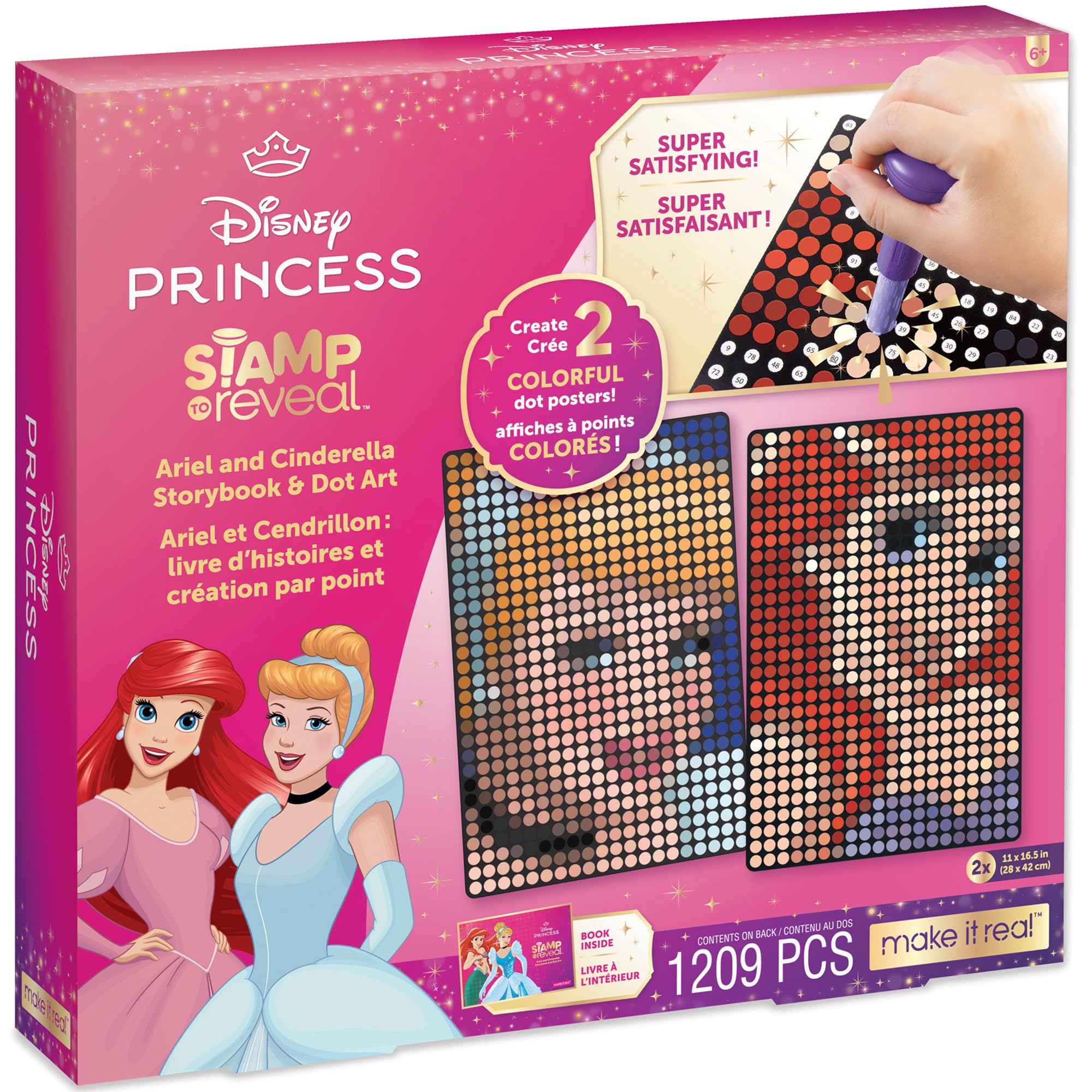 Make It RealDisney Stamp to Reveal Ariel & Cinderella Storybook & Dot Art - 1209 pcs, DIY 2 Princess Dot Posters, Craft Kit, Girls & Kids Ages 6+