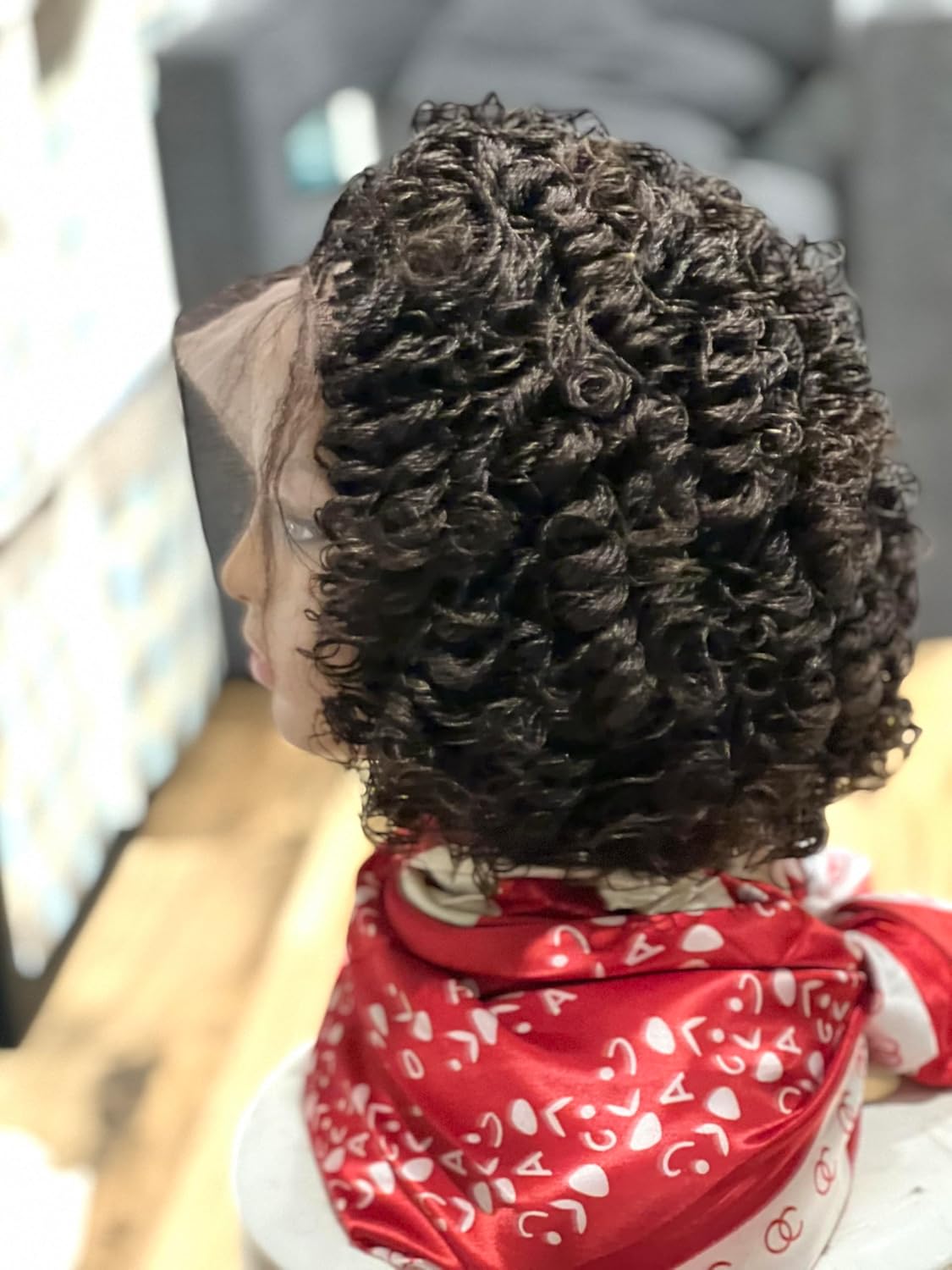 Braided wig. Micro twist wig made on a full lace wig. Color is off black.