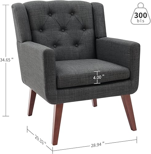 Miniatura 40 de Living&Giving Silla decorativa tapizada con botones, cómoda lectura, moderna de mediados de siglo, con brazo de sala de estar de tela de lino para