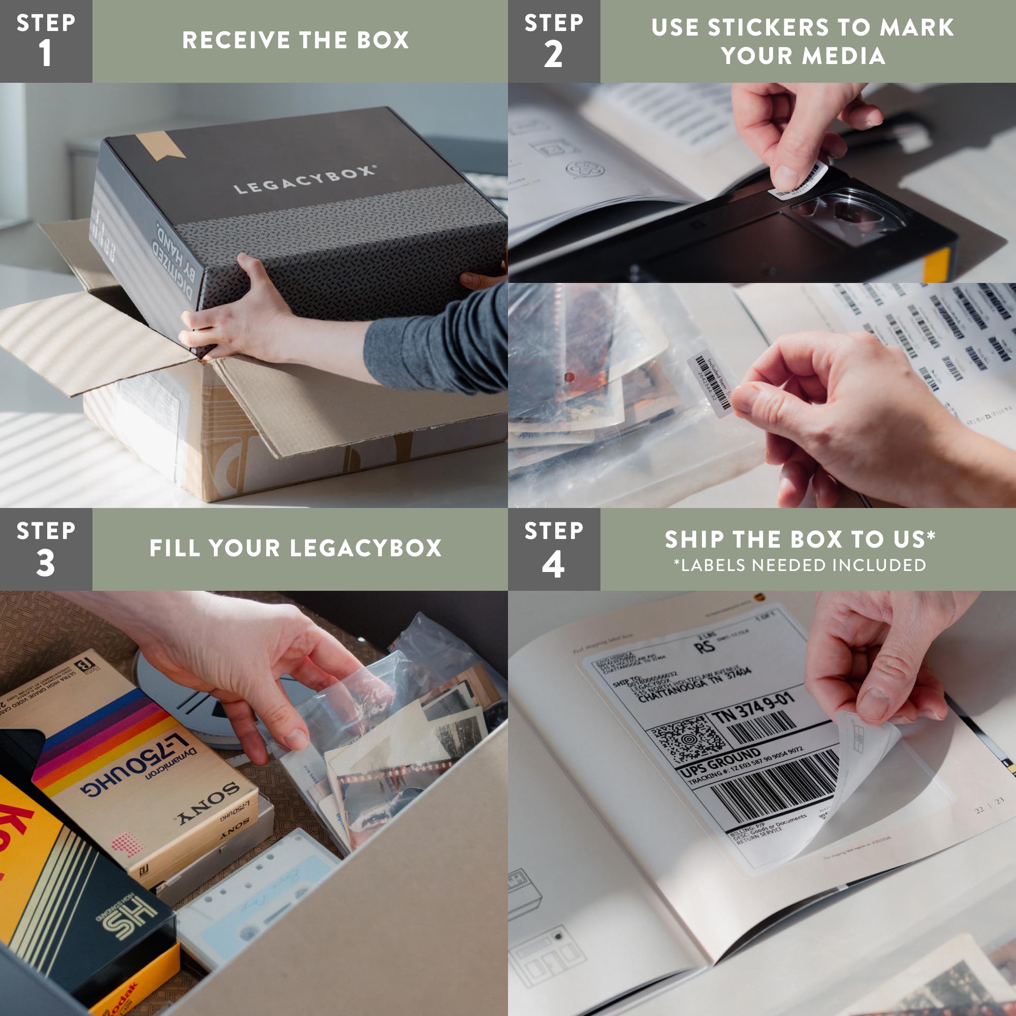 Legacybox Digitalisierung 3 Artikel Box | Speichererhaltungsservice | Konvertieren von VHS in Digital | Scan-Service für Fotos, Dias und Negative | Übertragung auf Cloud, USB oder DVD | Digitalisiert