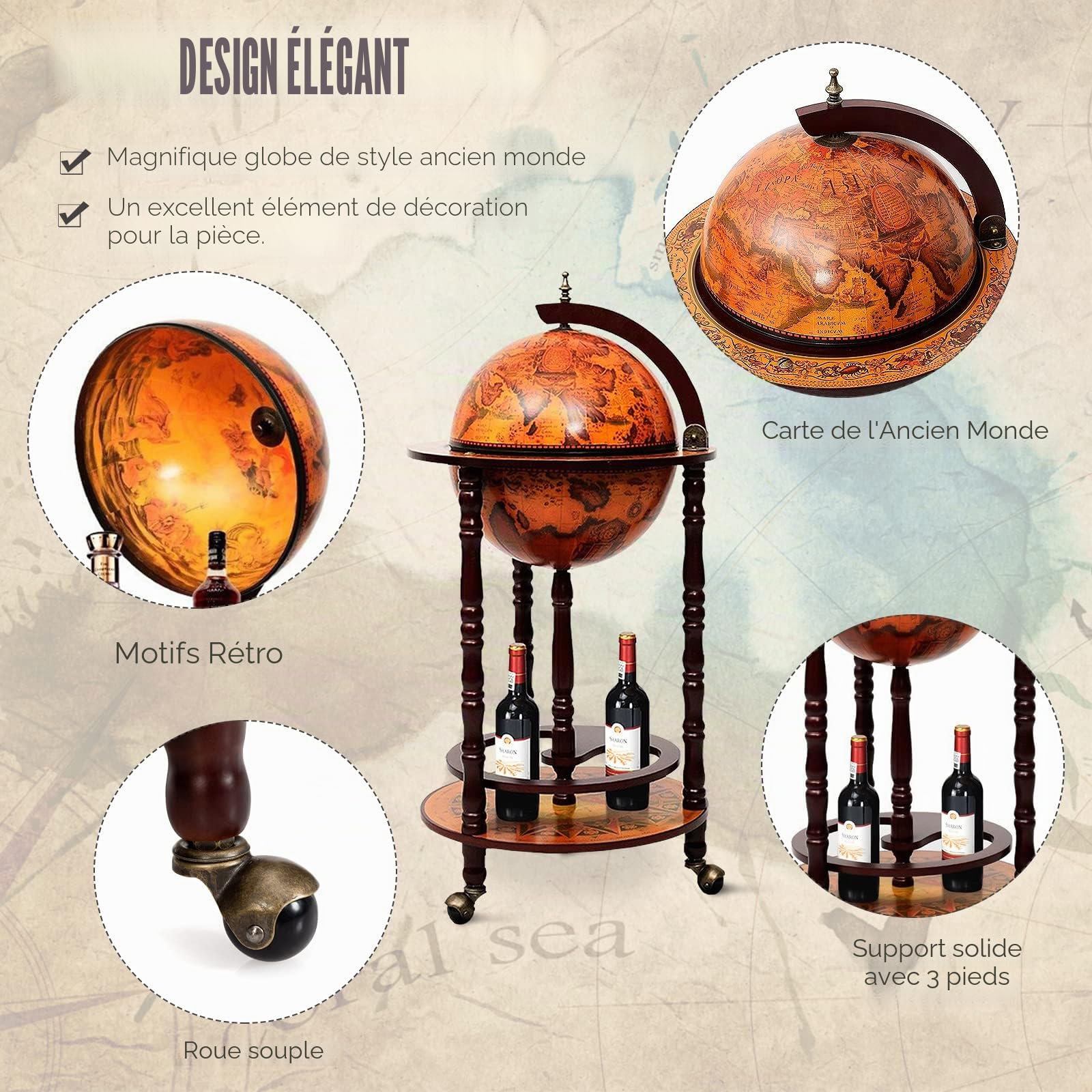 Costway Globe Bar avec Roues Mobile Porte Liqueurs, Dessin innovant et Pratique, Marron, 88 x 45 x 45 cm
