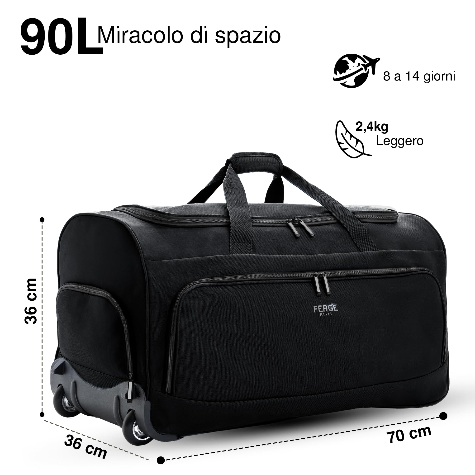 FERGÉ borsa da viaggio con ruote PARIS | scomparto separato per le scarpe bagaglio morbido trolley da viaggio weekender Paris 90 litri, nero