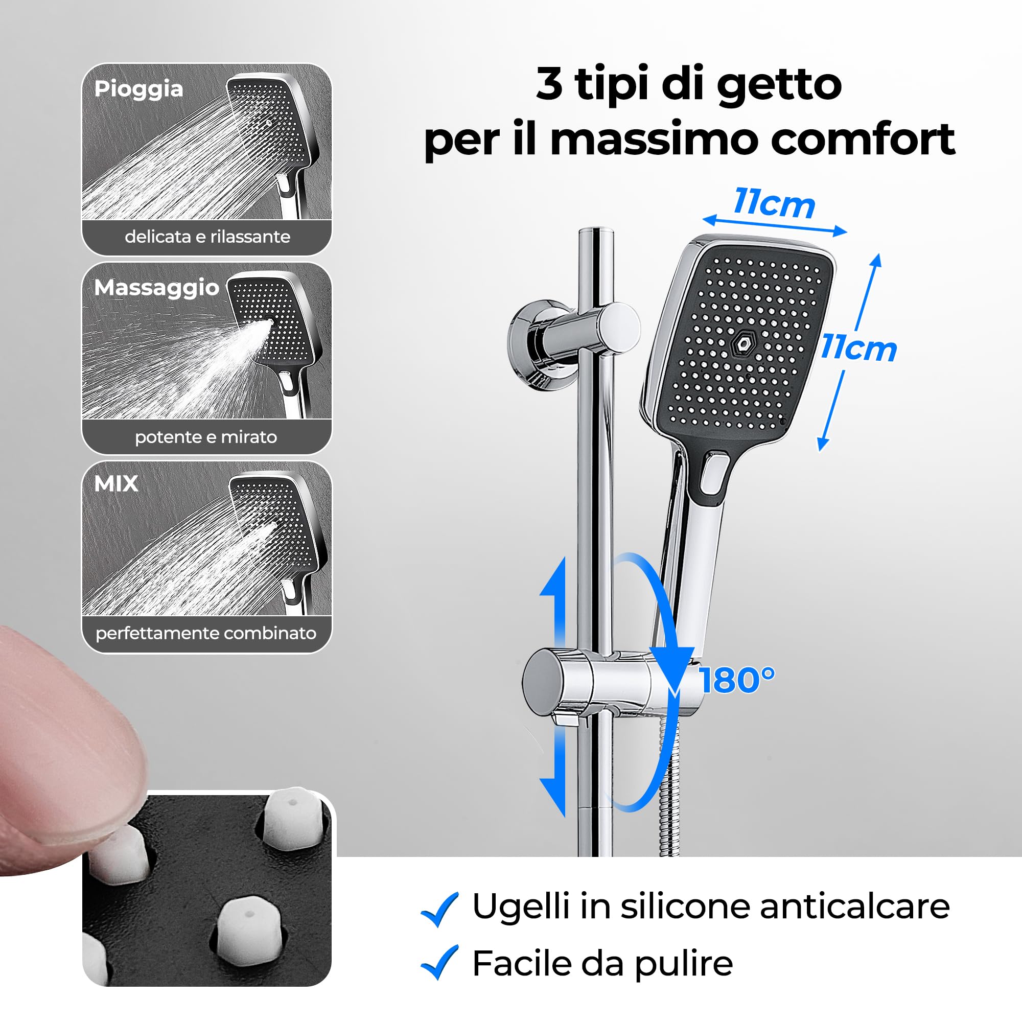 JOHO Colonna Doccia Senza Miscelatore, Asta Doccia Acciaio Inox 70 cm con Supporto Soffione Regolabile, Saliscendi Doccia Adattarsi ai Fori Esistenti con Doccetta 3 Geti e Mensola, Cromo