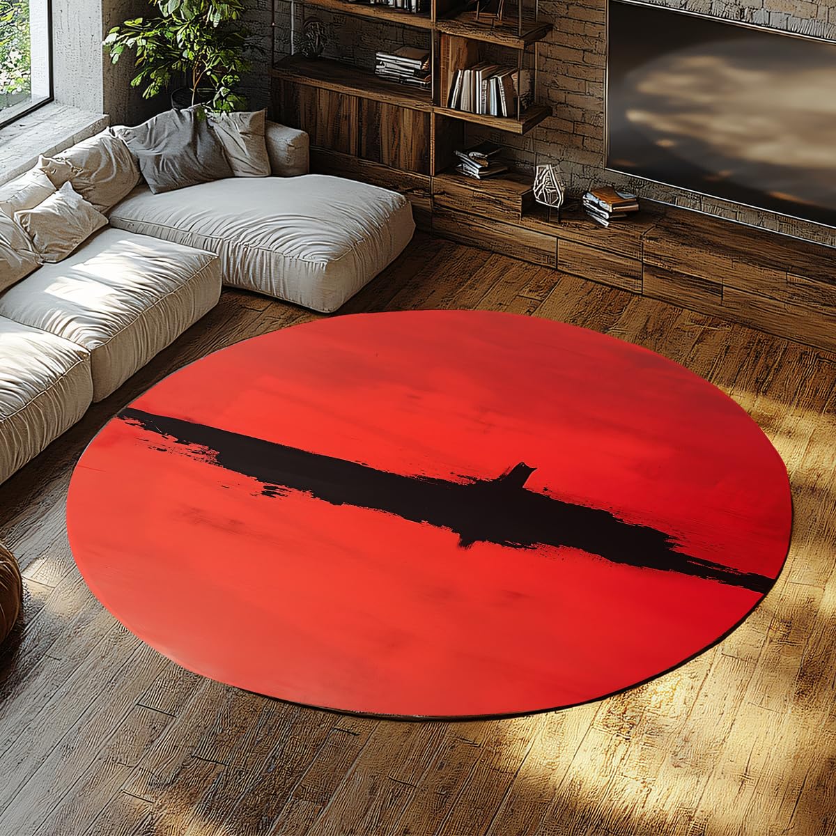 Tapis rond rouge antidérapant et lavable de 135cm à texture graphique