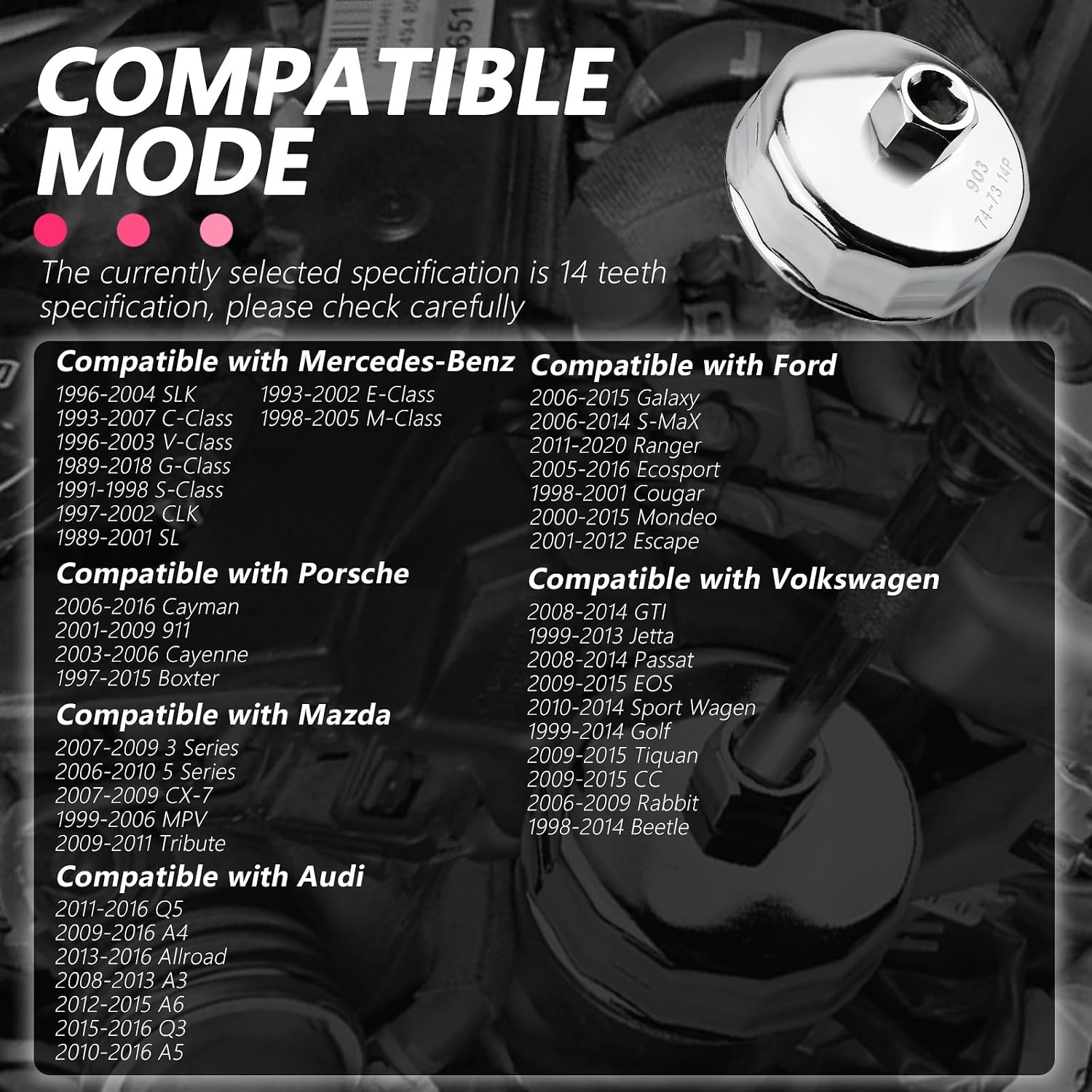 73-74mm Oil Filter Wrench,Oil Filter Removal Tool with 1/2" Driver Compatible with Mazda Mercedes-Benz Ford Audi,Professional 14-Teeth Oils Filters Tool as Car Tools (73/74mm-14Teeth)