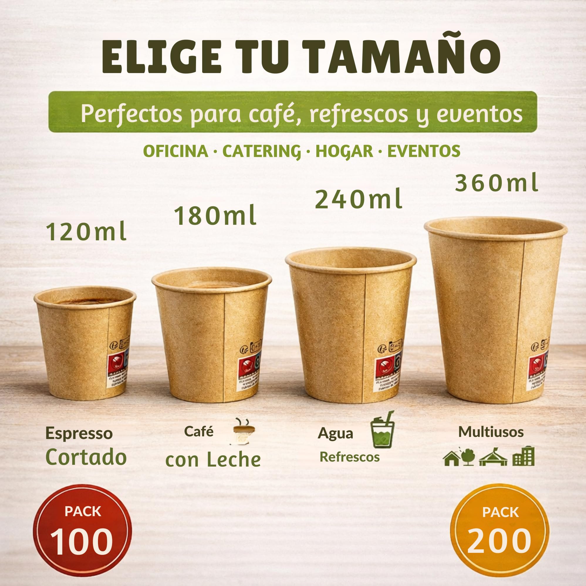 Vasos Cafe de 120 ml – 100 Unidades y 100 Paletinas Cafe Desechables de Madera con Funda, Vasos Desechables para Espresso, Degustaciones y Oficina – Vasos Carton Kraft – Pack Completo — view 2