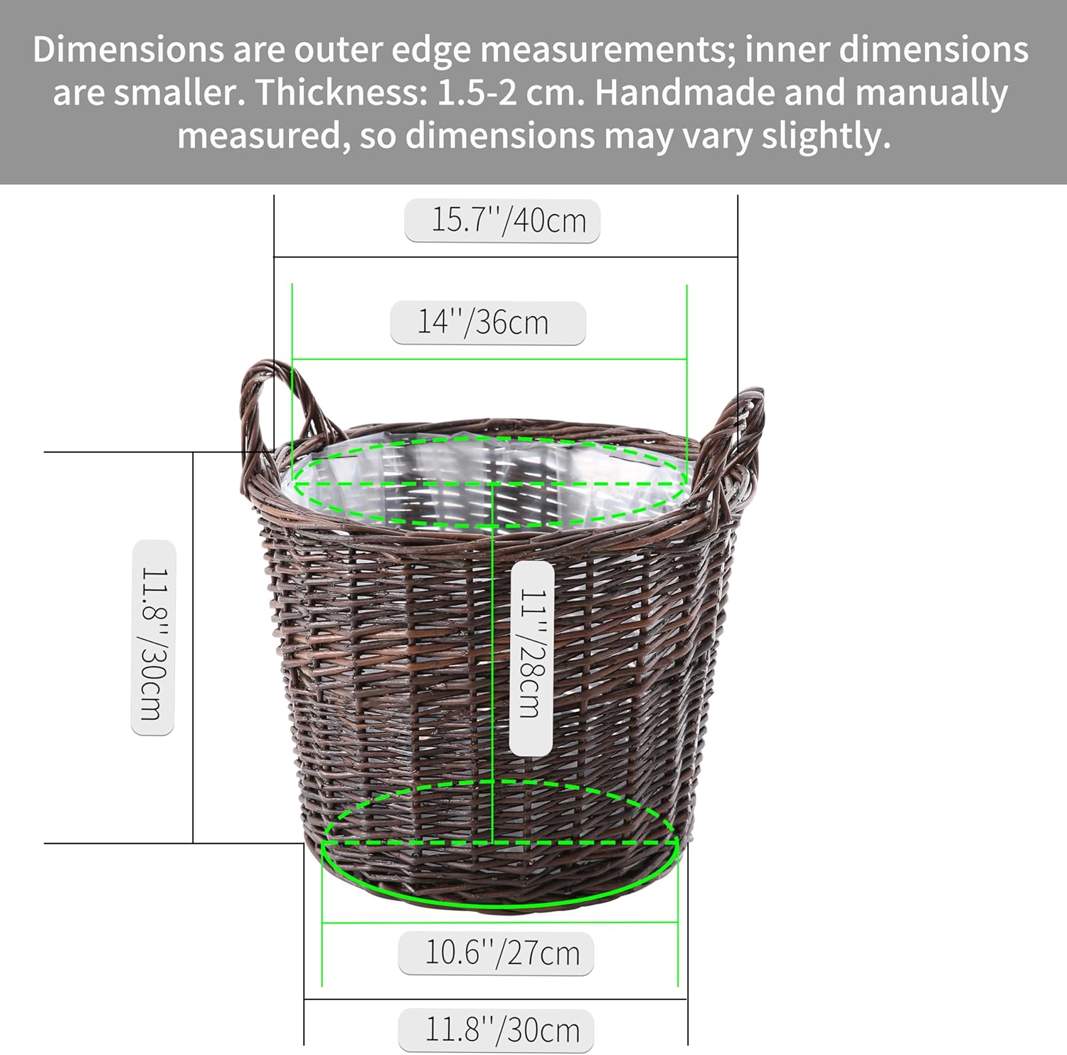 Handwoven Red Willow Planter Basket with Waterproof Liner – Natural Brown Decorative Flower Pot Holder for Indoor Use - Large Size (Inner Top Ø 14", Inner Height 10.6")