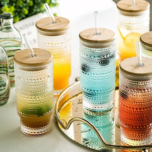 Miniatura 3 de Juego de 6 vasos para beber Hobnail con tapa de cristalería fresca y pajilla, 16 onzas XL Highball Bubble Cocktail Vasos de bebidas antiguos vasos
