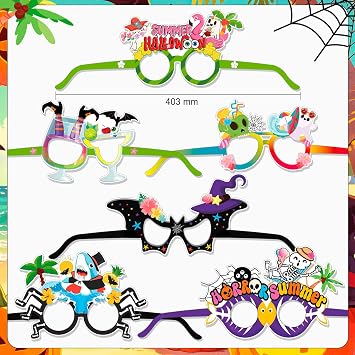 HOWAF 12pcs Summer Halloween Paper Eyeglasses, Spooky Summer Party Photo Booth Props Glasses Frame, Hawaii Themed Hallows' Eve Paper Glasses, Hawaii Halloween Party Costume Ghost Eyewear