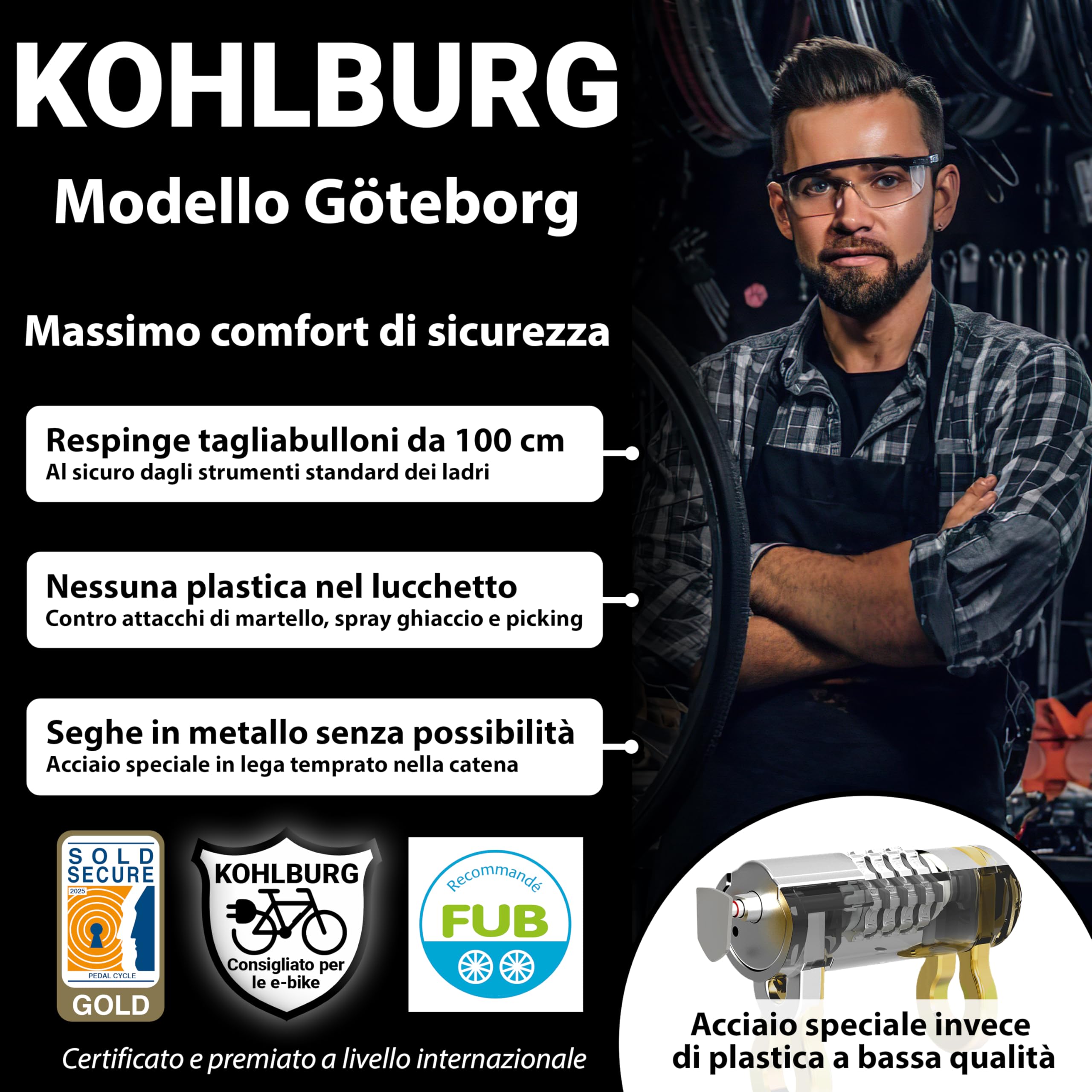 KOHLBURG antifurto massiccio 110 cm a combinazione con massima sicurezza [Sold Secure GOLD] – catena antifurto a combinazione & maglie da 8 mm – antifurto a codice per bici; e‑bike & moto