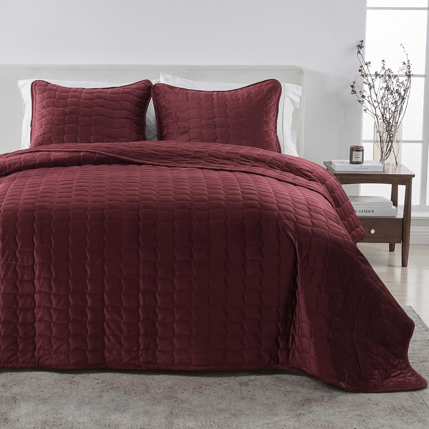 Great Bay Home Full Size Velvet Quilt and Shams Set - Dual-Sided Luxury Velvet, Heavyweight 3-Piece Bedding Set - Ultra Soft, Quilted Box-Stitched and Down-Alternative Fill (Full/Queen, Merlot) Full / Queen Merlot